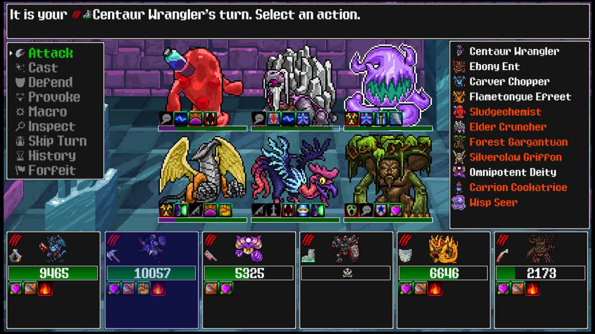 A screenshot of Siralim Ultimate showing a battle with a lot of menus and icons.