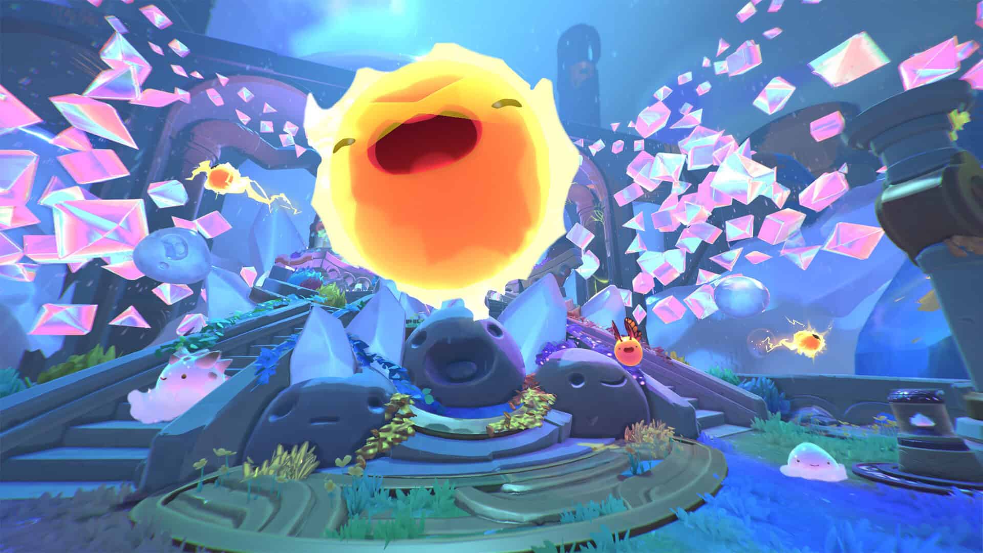 A happy, shining yellow slime in Slime Rancher 2.
