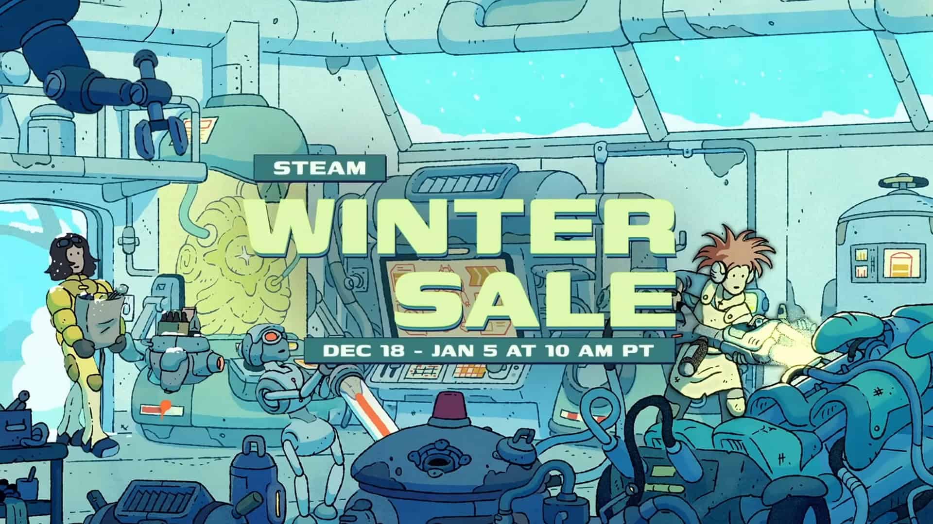 Steam Winter Sale 2025 promotional art featuring a welder in a sci-fi illustrated laboratory.