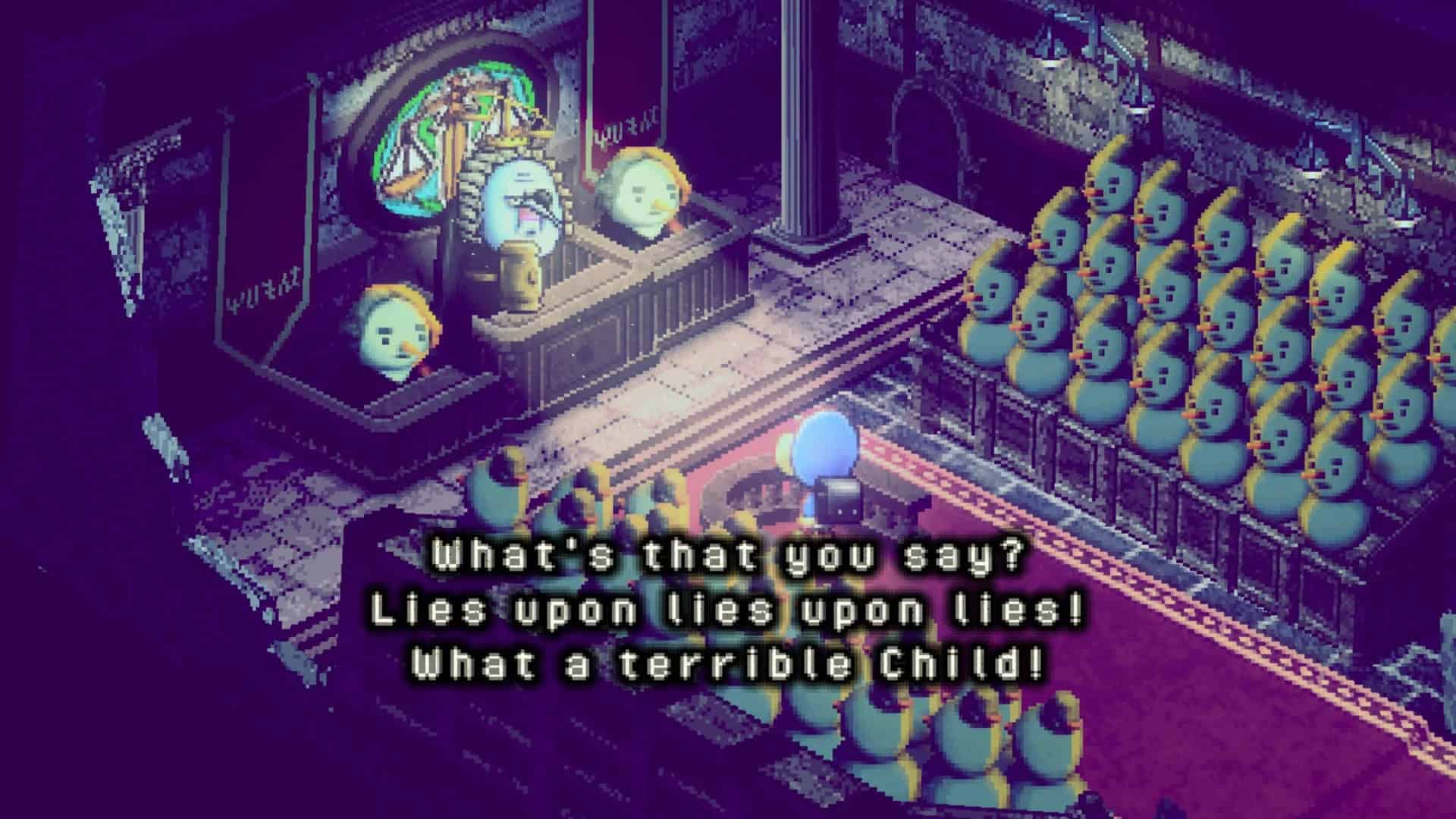 A child sits on trial in front of a cartoonish monster judge with many people watching.