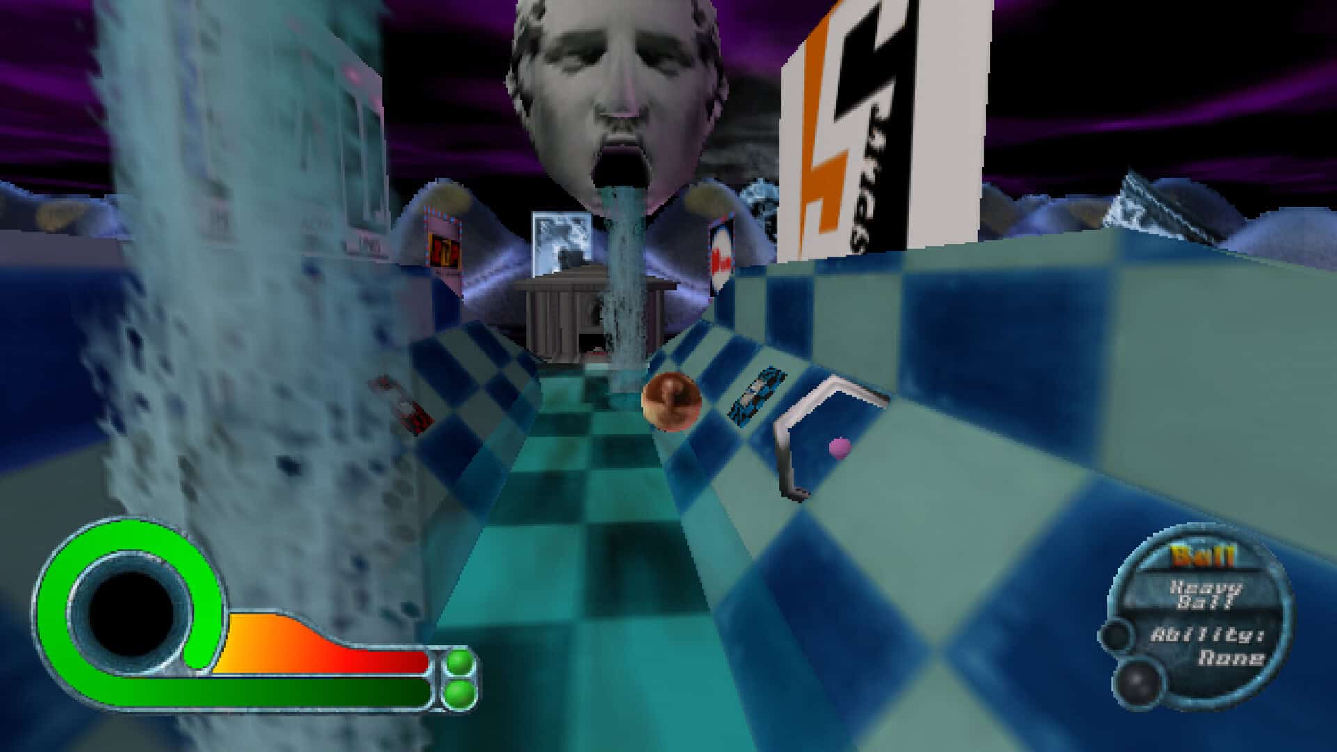 Old school graphics, a bowling ball rcaes down a path towards a giant stone head.