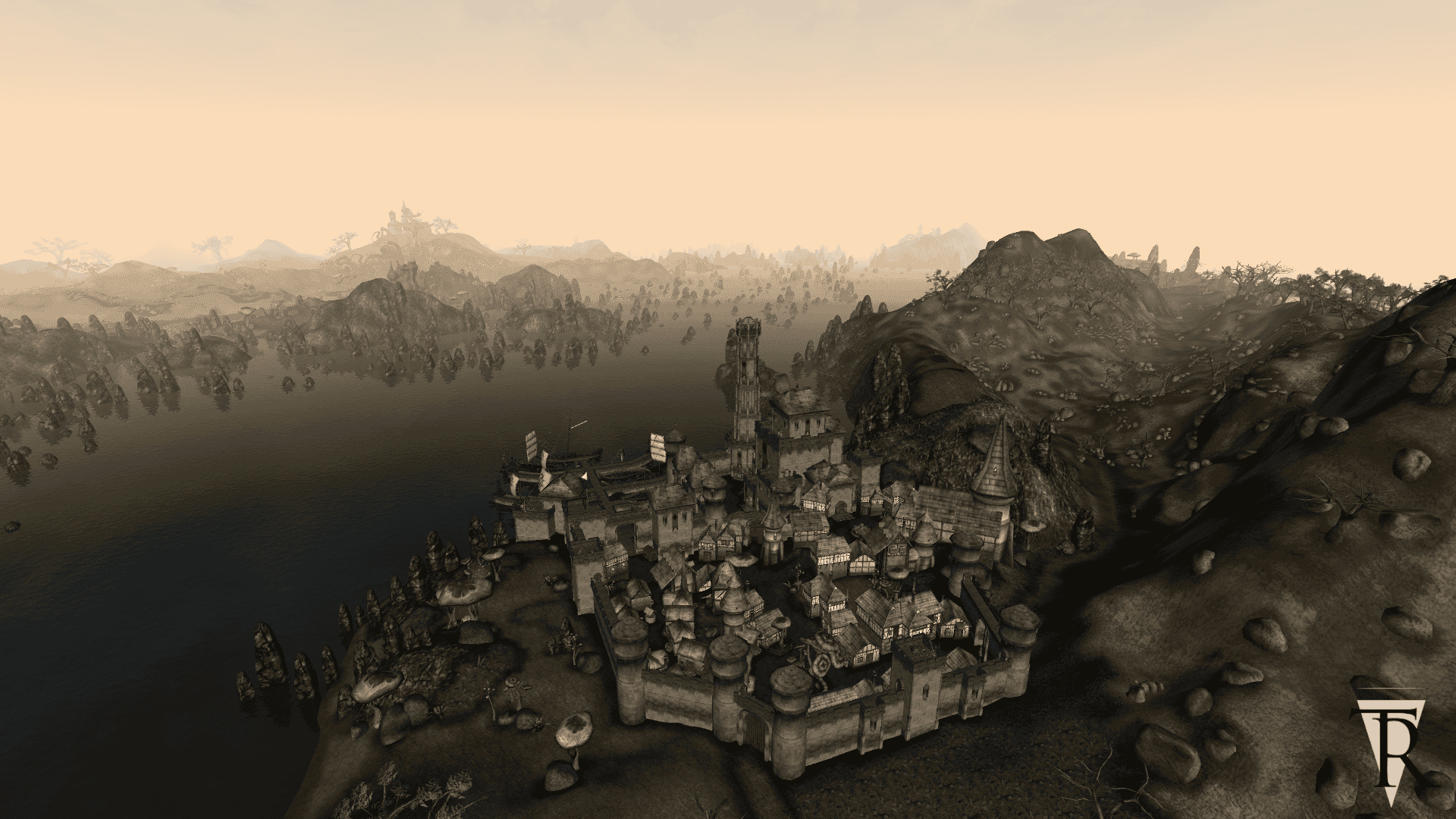 A view of a city in Morrowind's Tamriel Rebuilt Mod