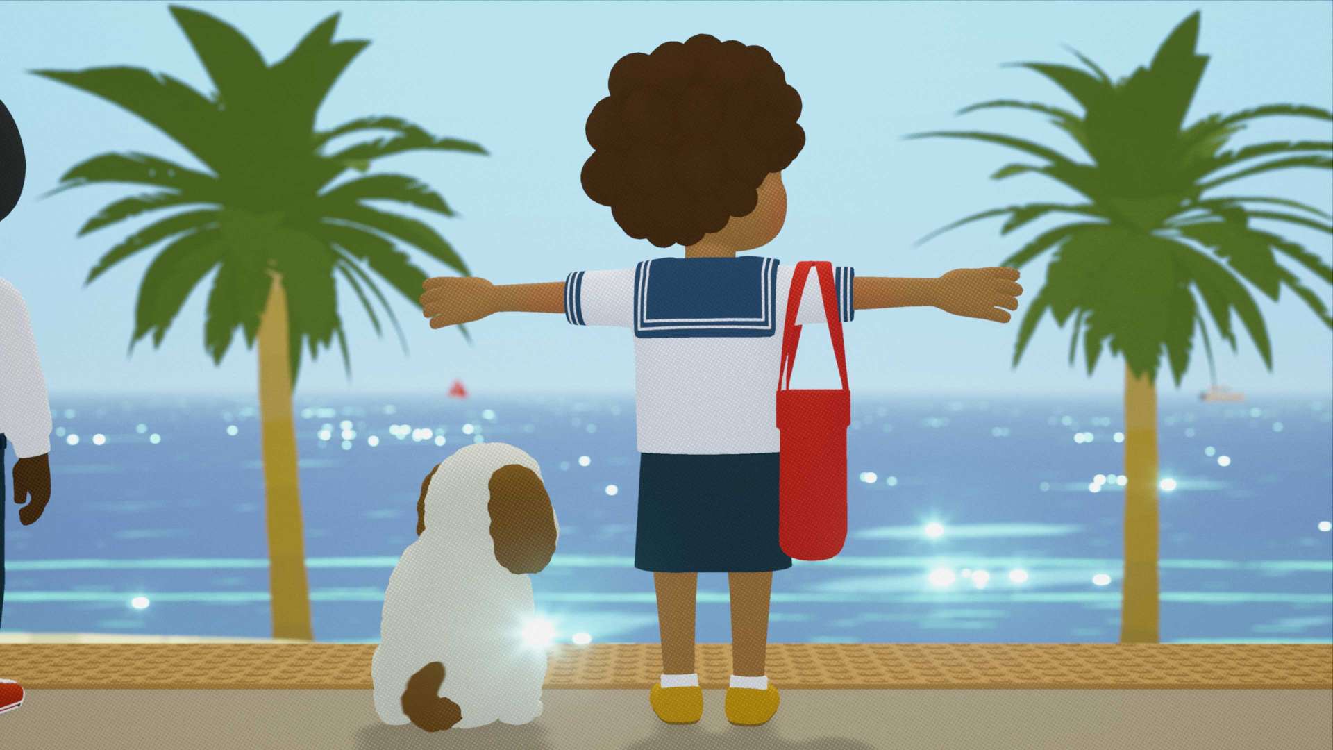 A boy in a t pose next to a dog.