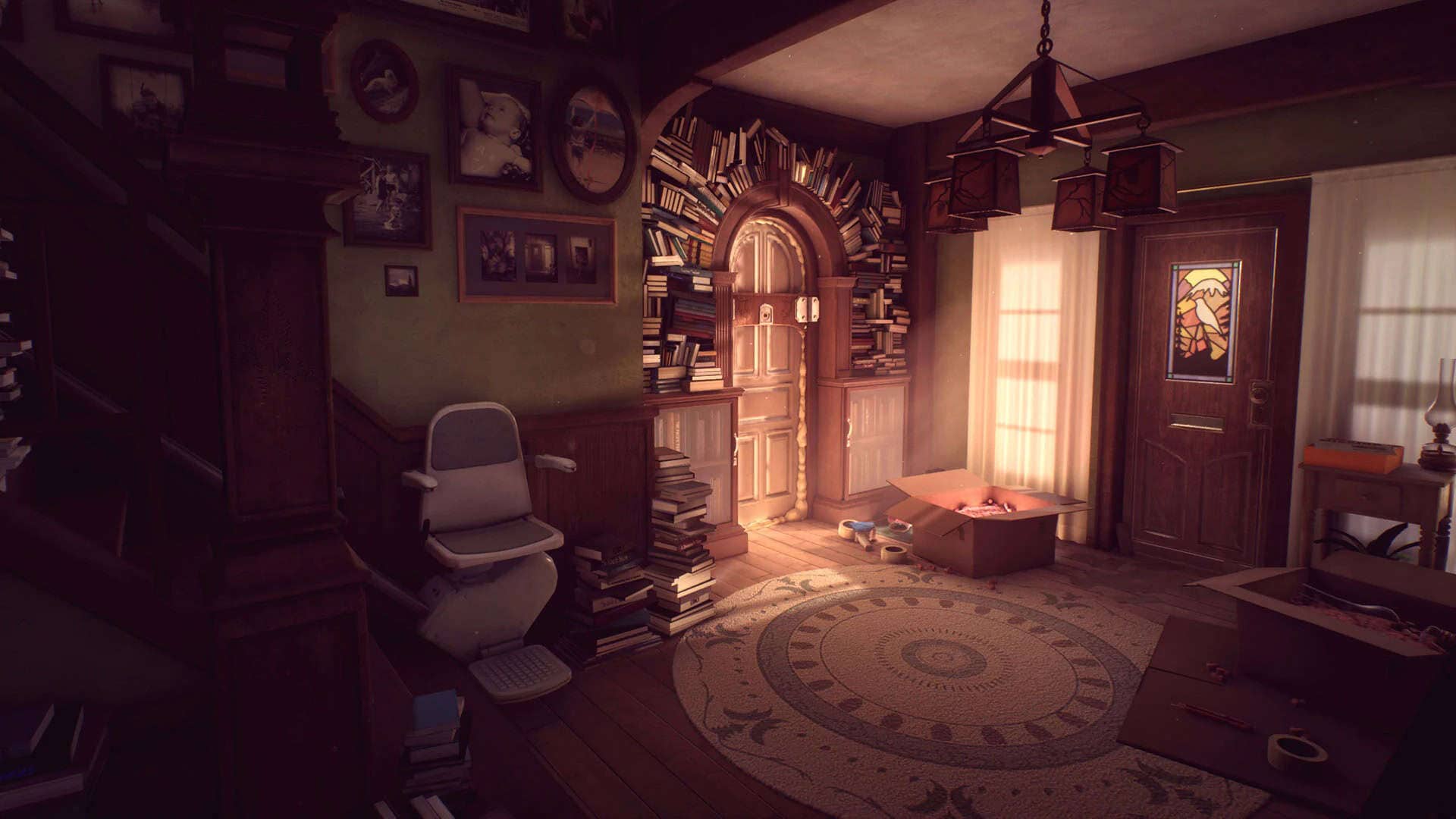 A living room with many books on the walls fitted around the archway of the door and sunlight pouring in the window.