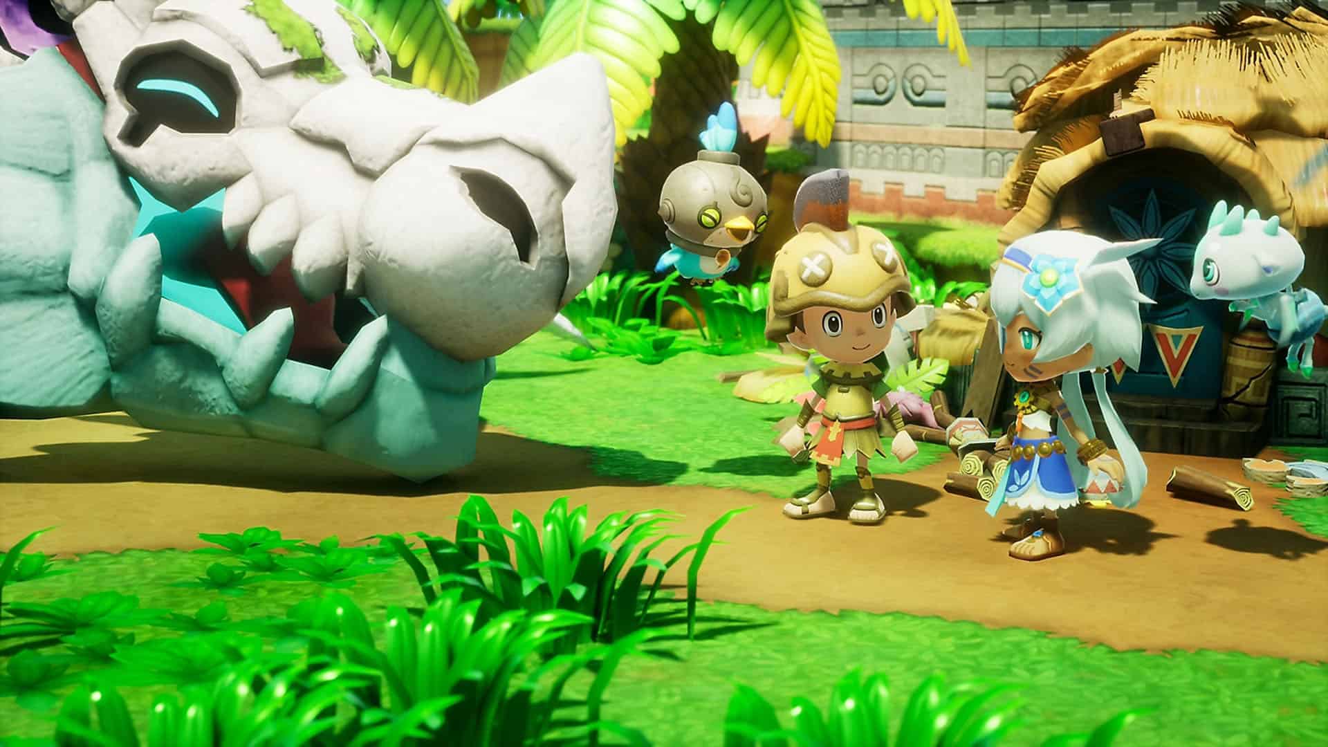 A screenshot of characters with a dinosaur skeleton in Fantasy Life i
