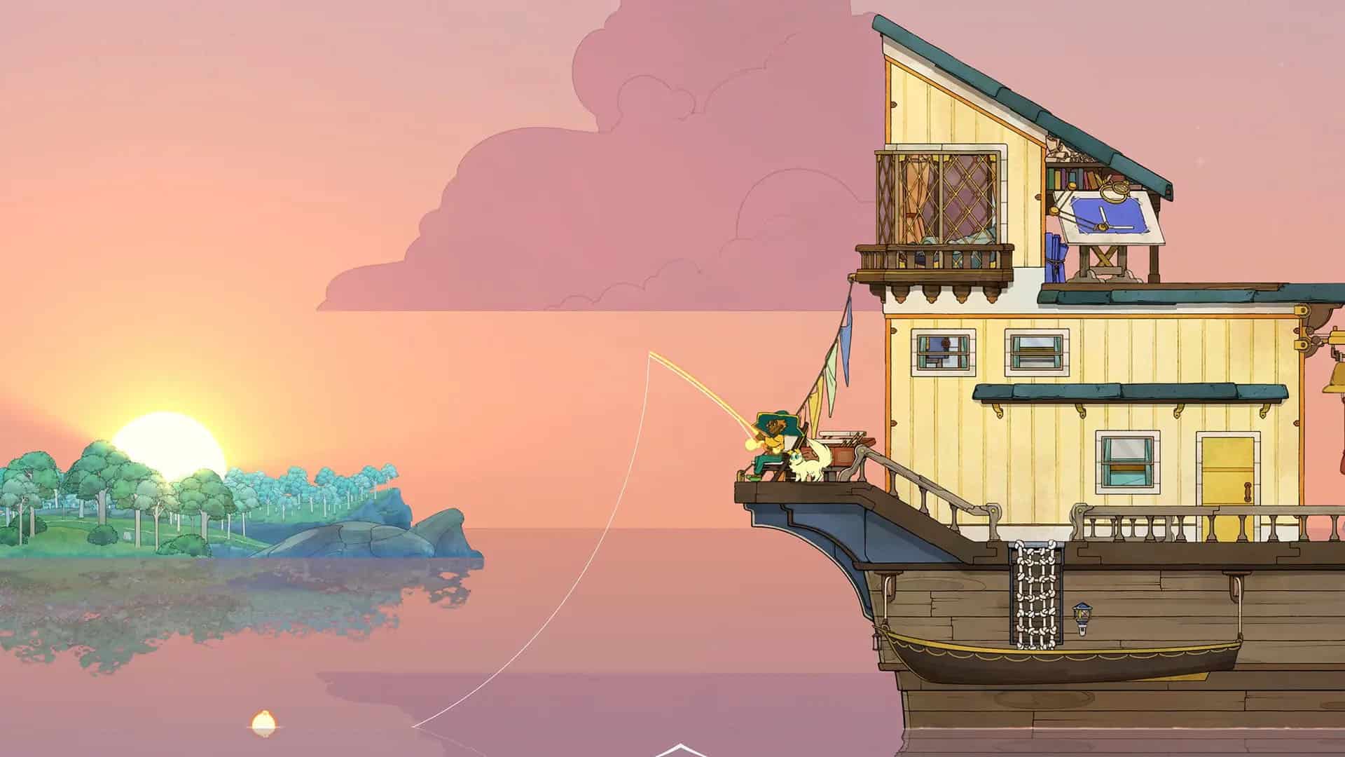 A screenshot of the main character fishing in Spiritfarer
