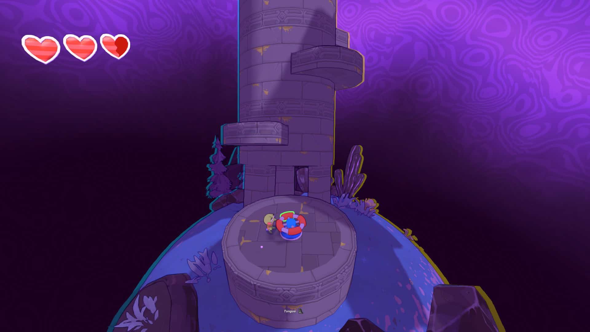 Hop tongue-grabbing a valve, spinning it around to create platforms on a nearby tower