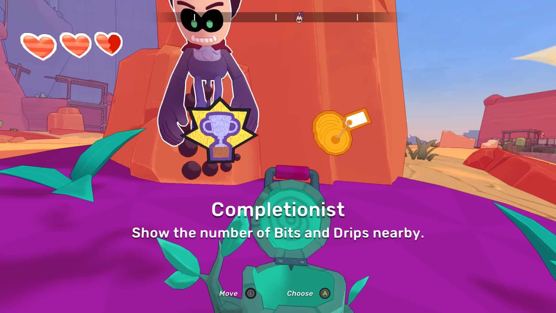 A selection of badges, the one highlighted reads Completionist: Show the number of Bits and Drips nearby