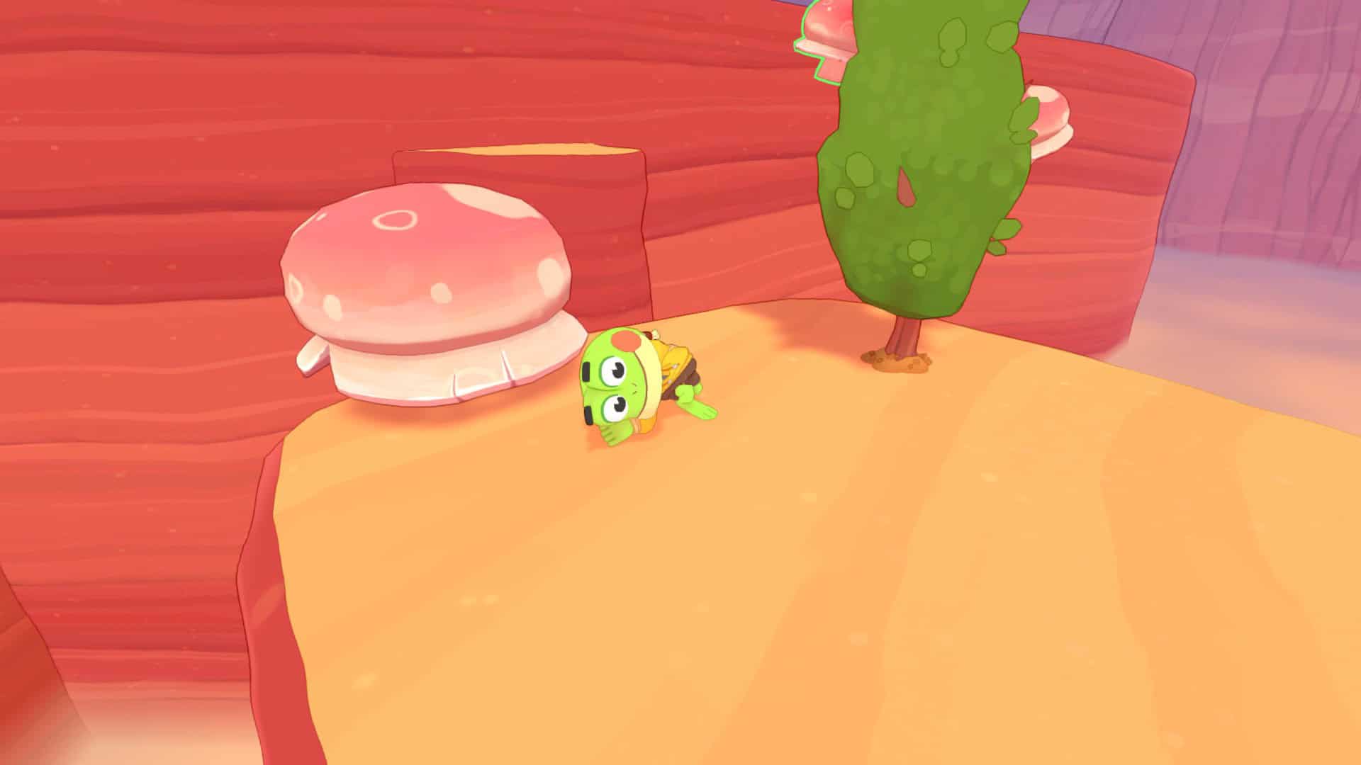 Hop laying on the ground in a ragdoll pose next to a bouncy mushroom and a mushroom tree