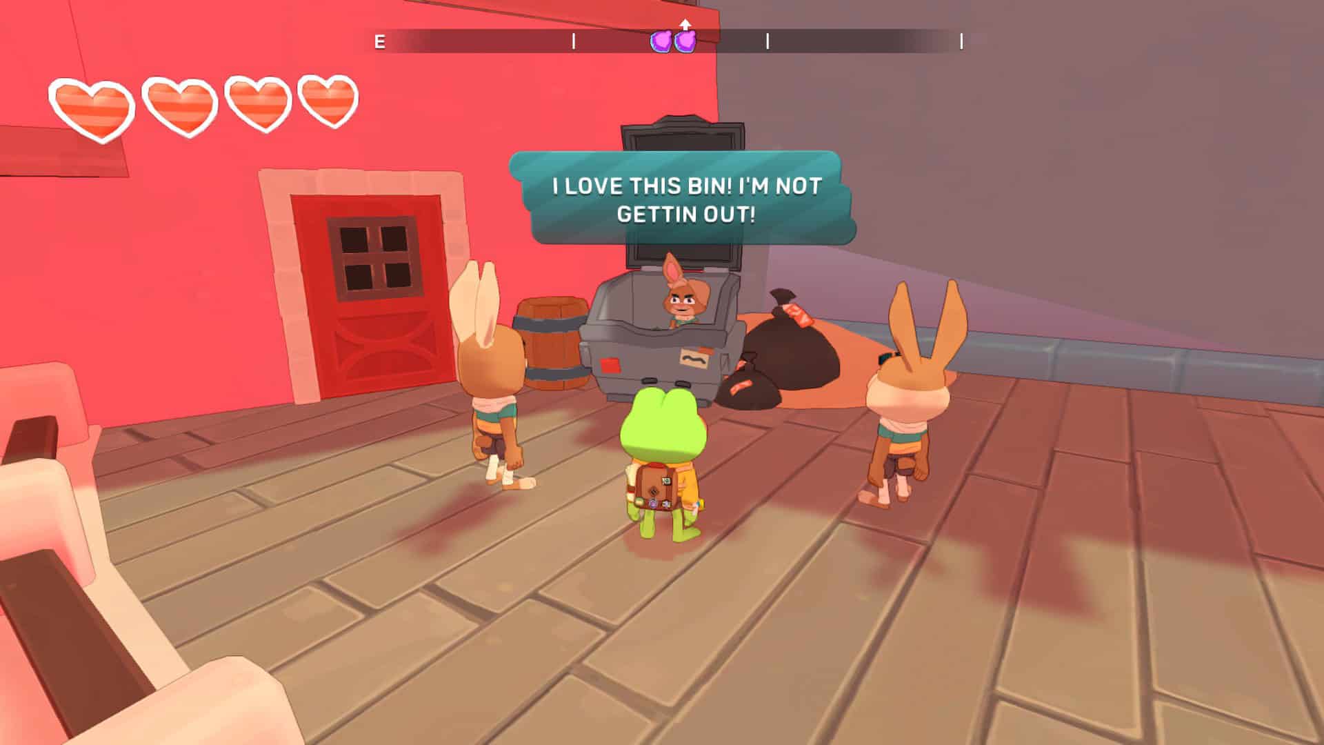 A bunny in a trash bin screaming: "I LOVE THIS BIN! I'M NOT GETTING OUT!" Its two parents stand and watch.