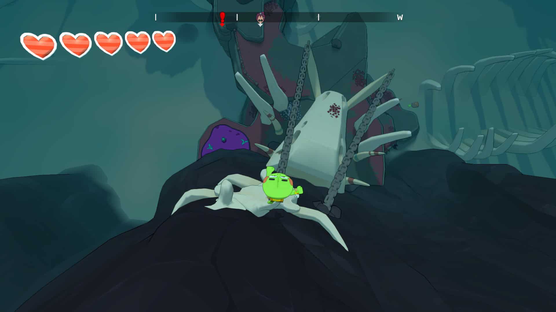 Hop jumps down from high up onto a skull