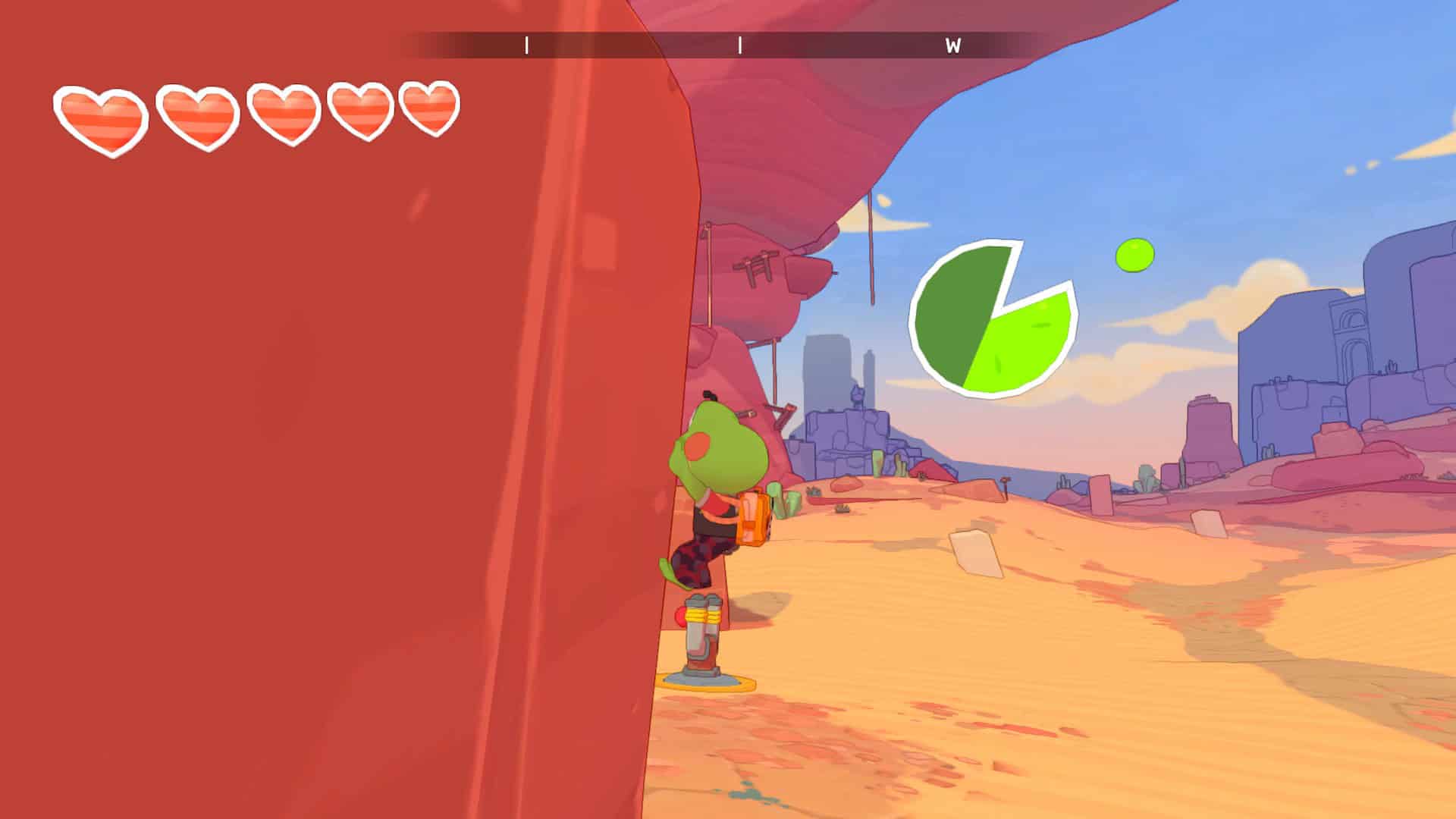 Hop climbing a wall, lilypad-shaped stamina bar on the side