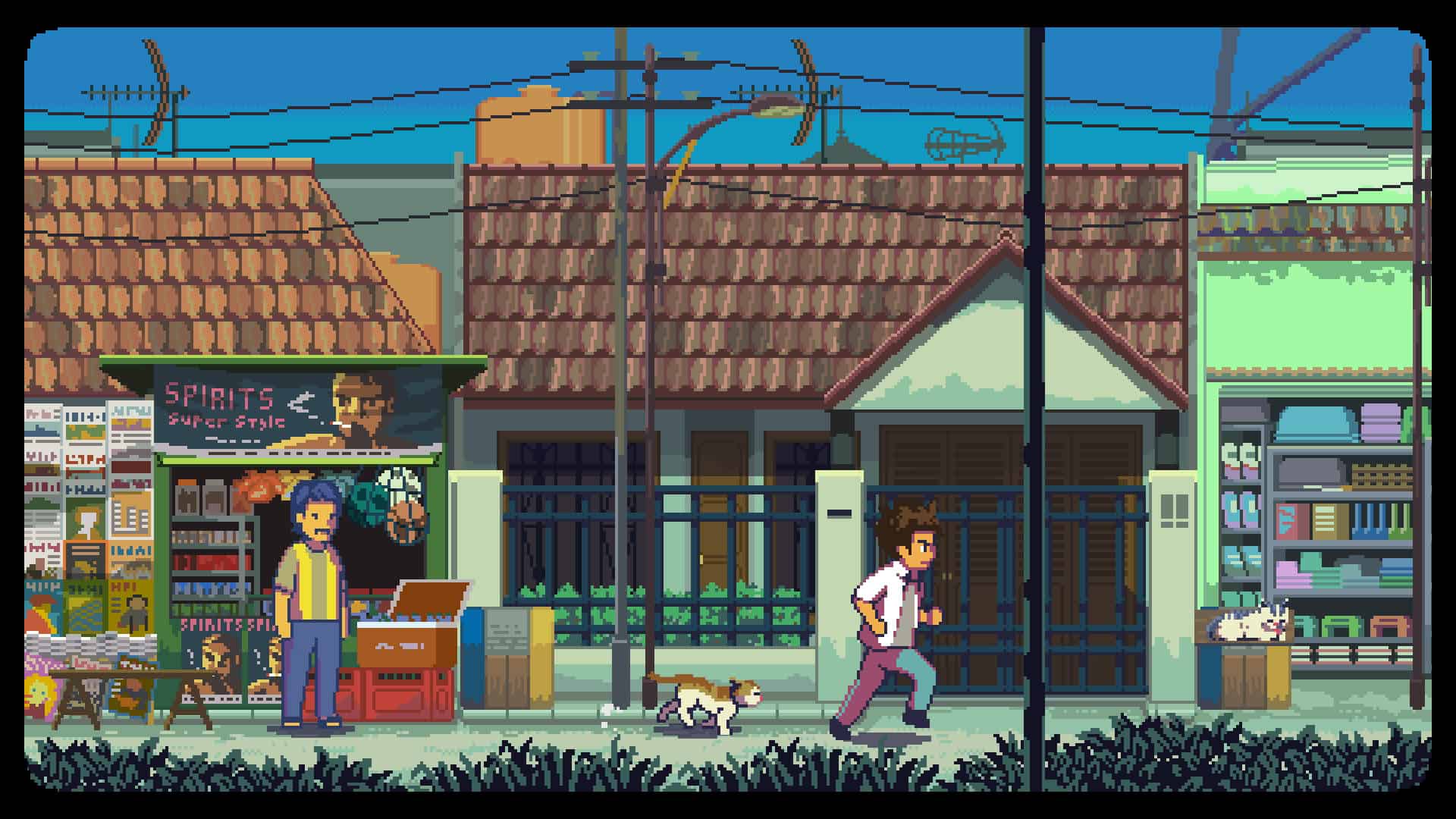 A screenshot of the main character running through the street in A Space for the Unbound