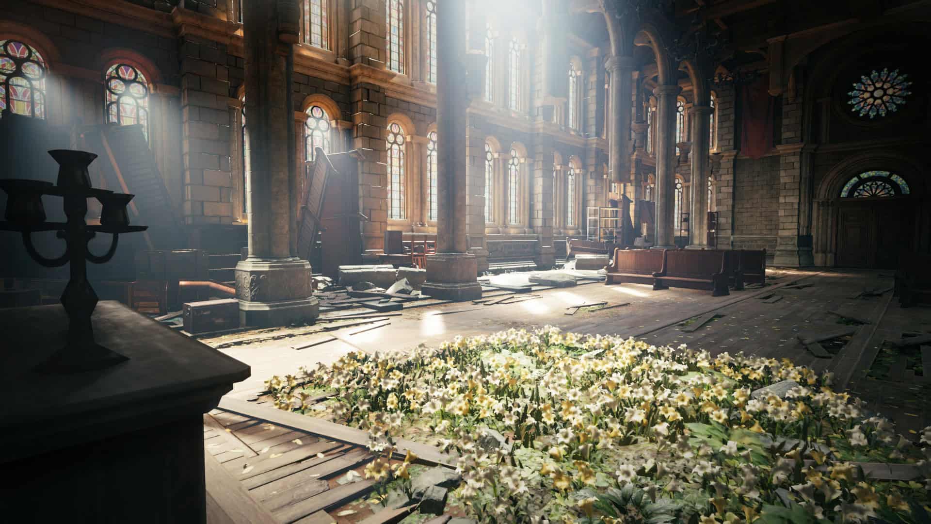 Final Fantasy VII Remake screenshot with Aerith's Church covered in flowers