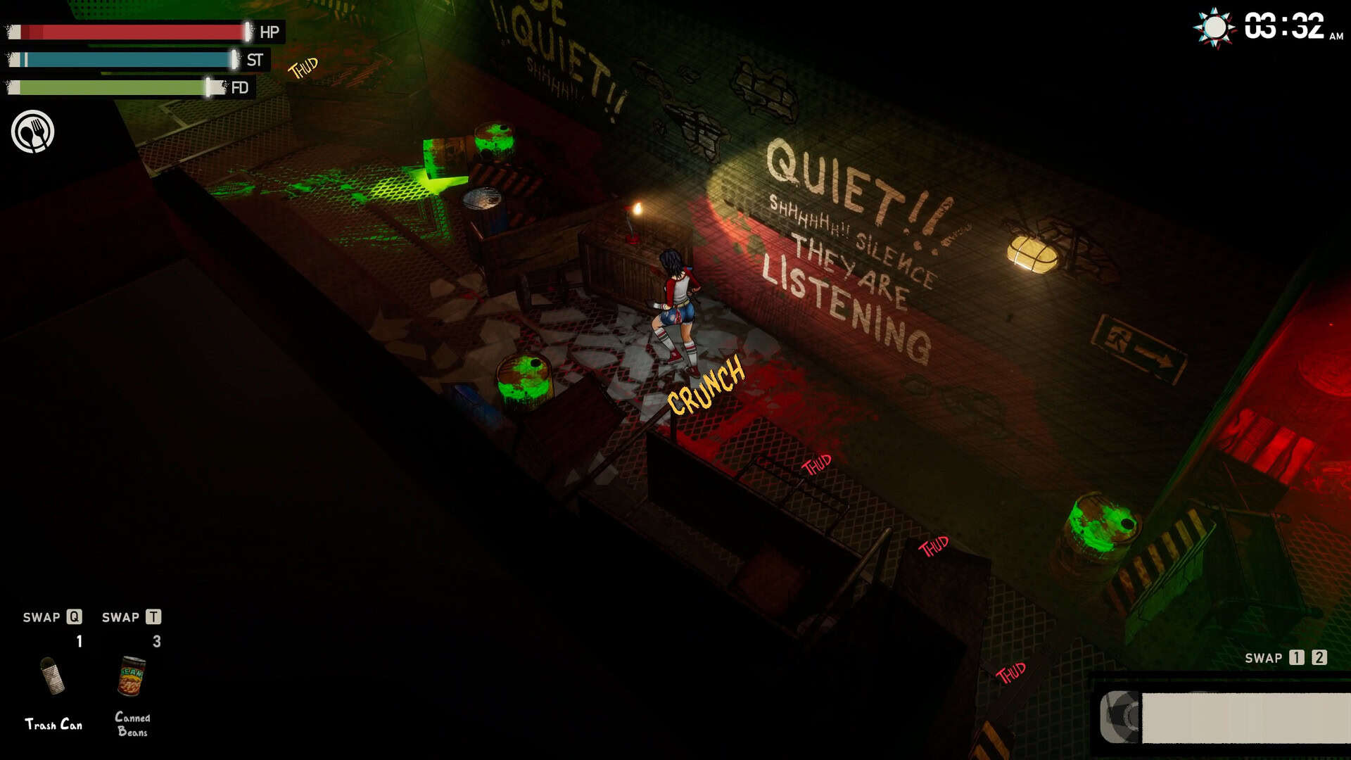 A girl walks over corpses in a hallway with graffiti on the wall.