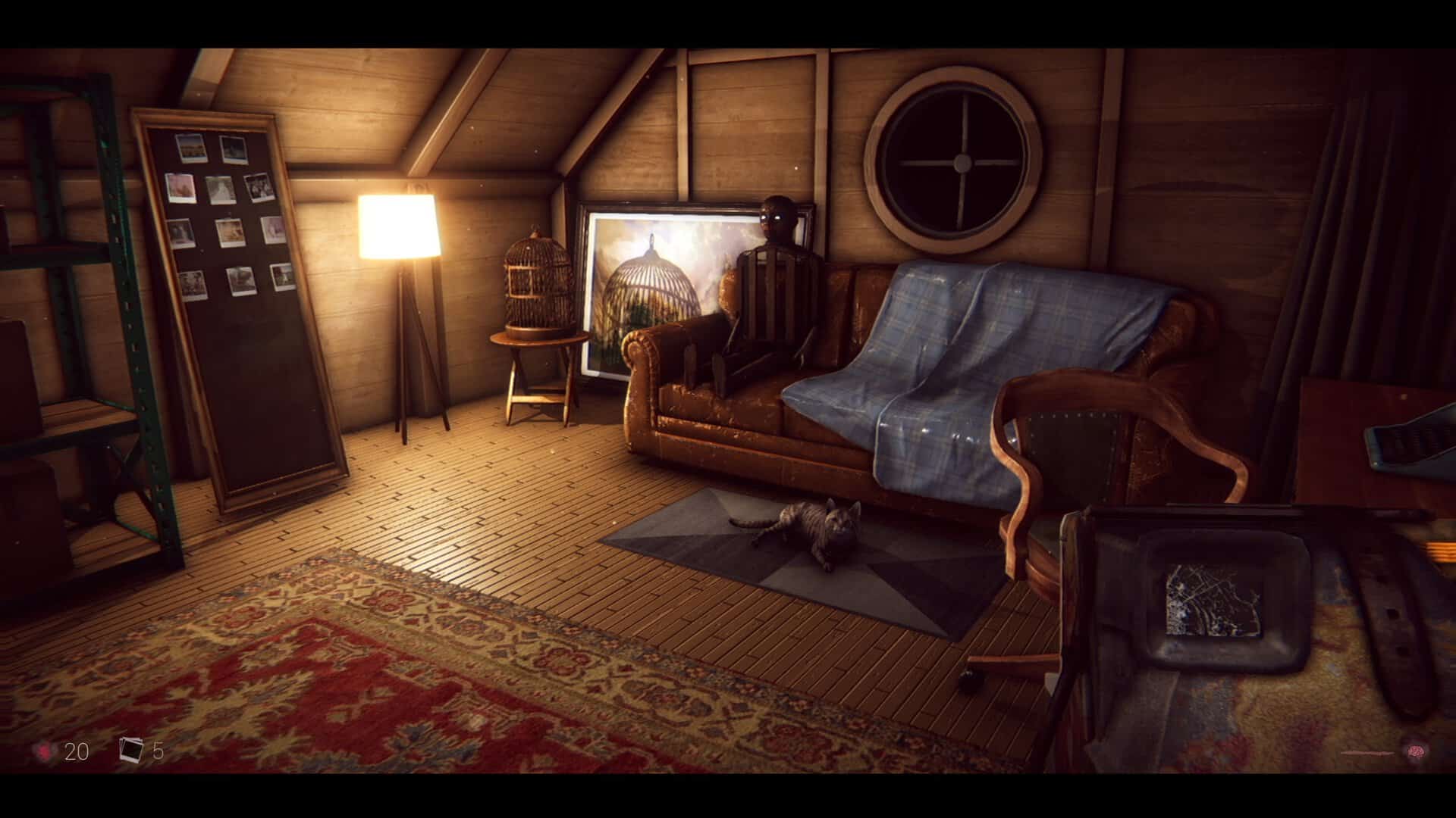 A screenshot of the attic in The 18th Attic, including James' pet cat and a creepy doll with glowing eyes