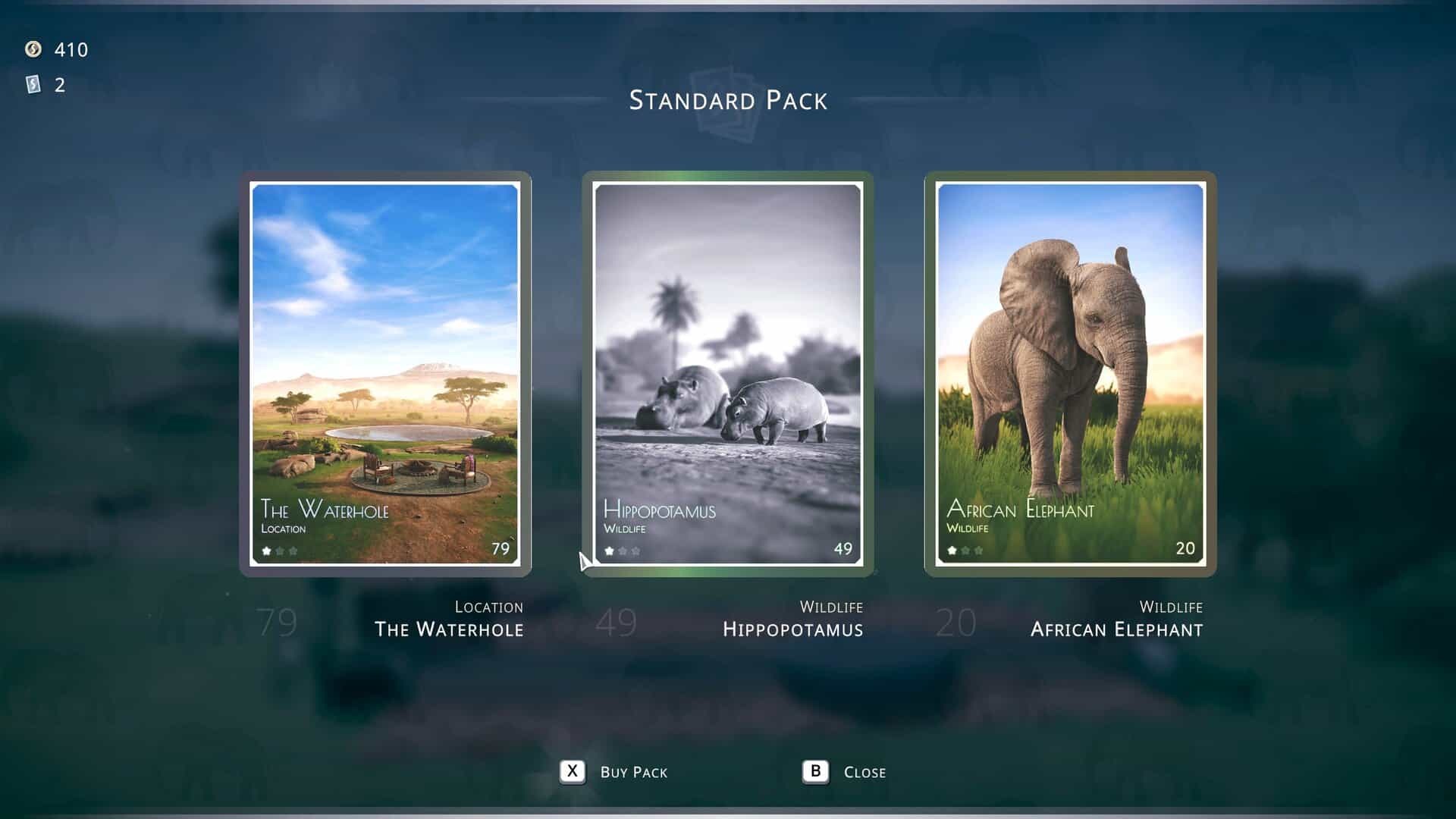A set of trading cards from a loot box showing the water hole, hippos, and an elephant.