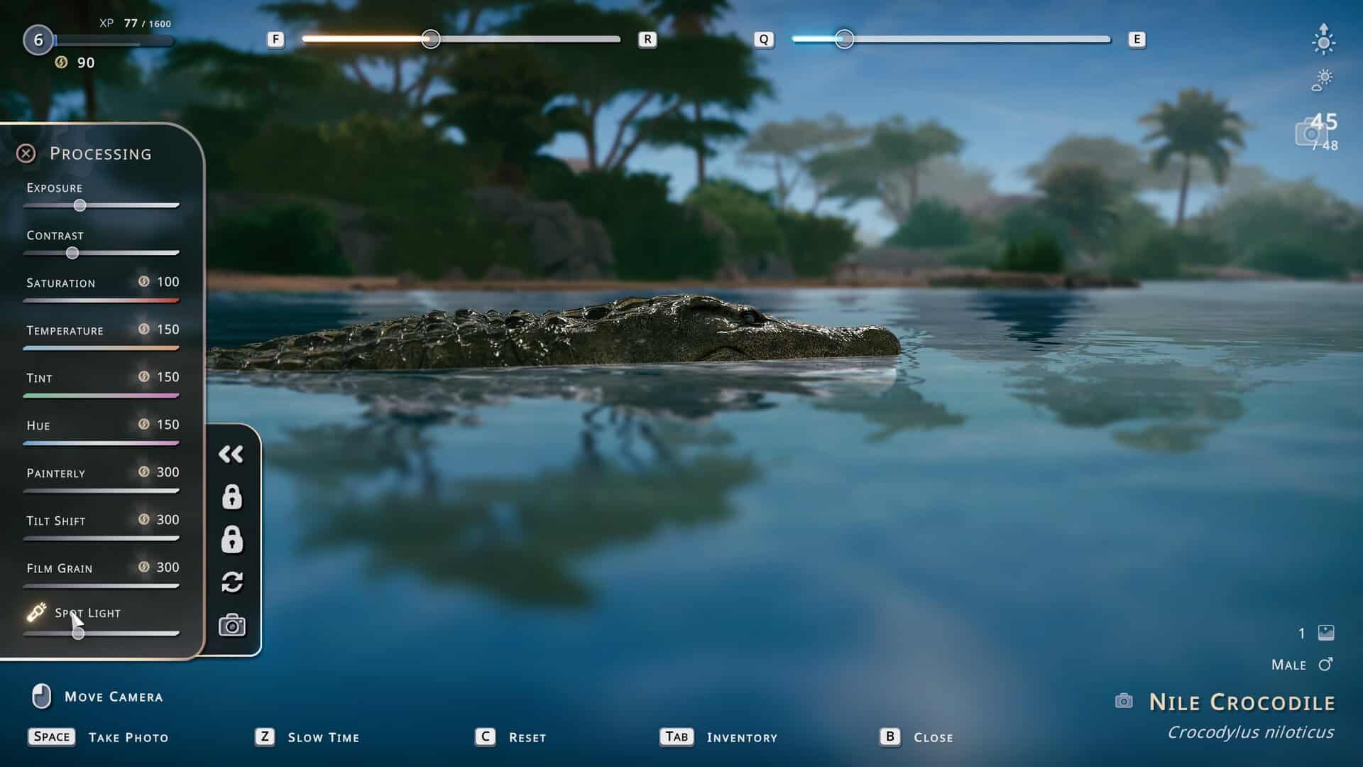 A detailed camera showing the options centering on a crocodile.