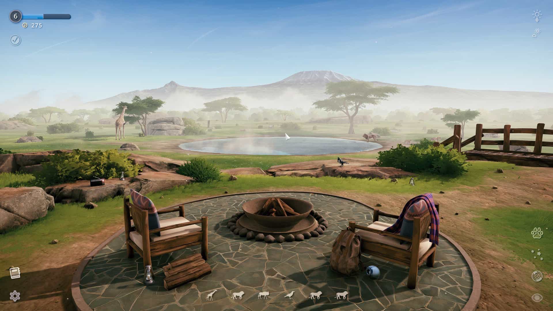 A landscape of two chairs at a fire pit looking over a savanna.
