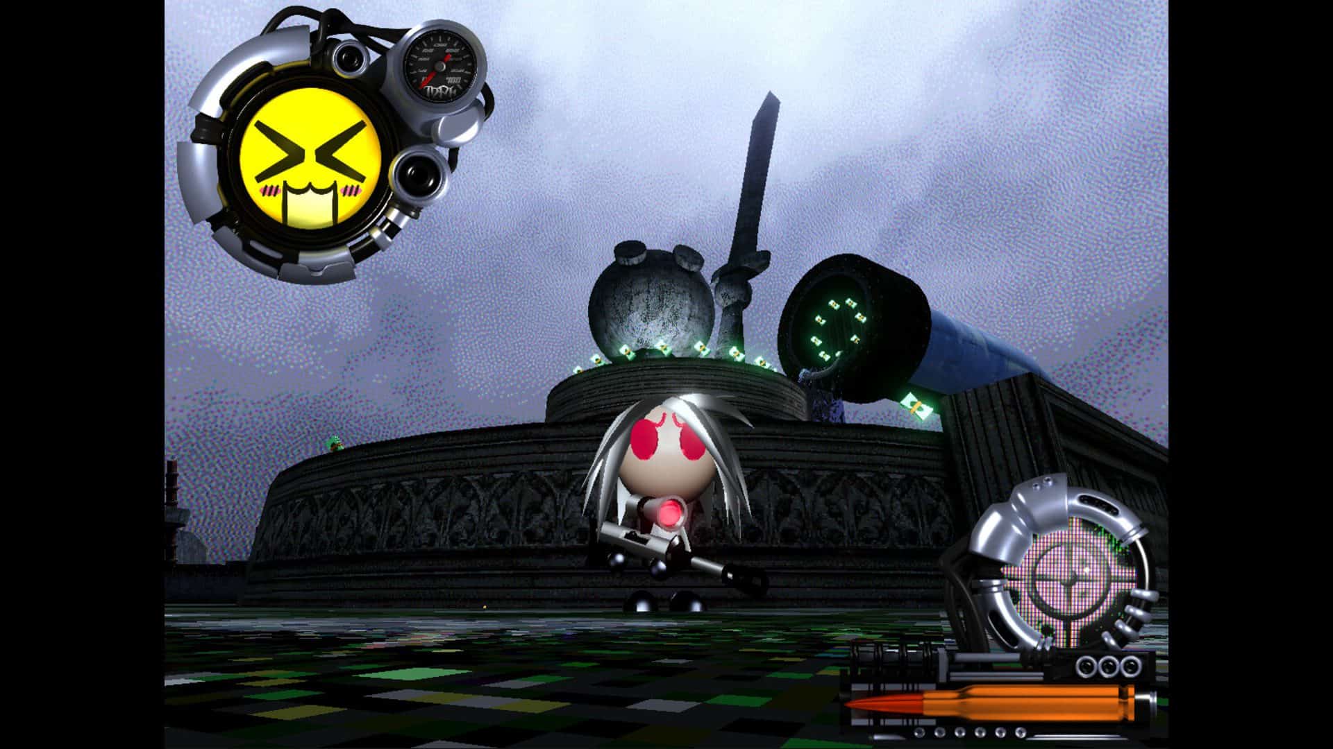 The main character of 500 Caliber Contractz standing menacingly, with a cute emoji face in the top left and an ammo symbol in the bottom right