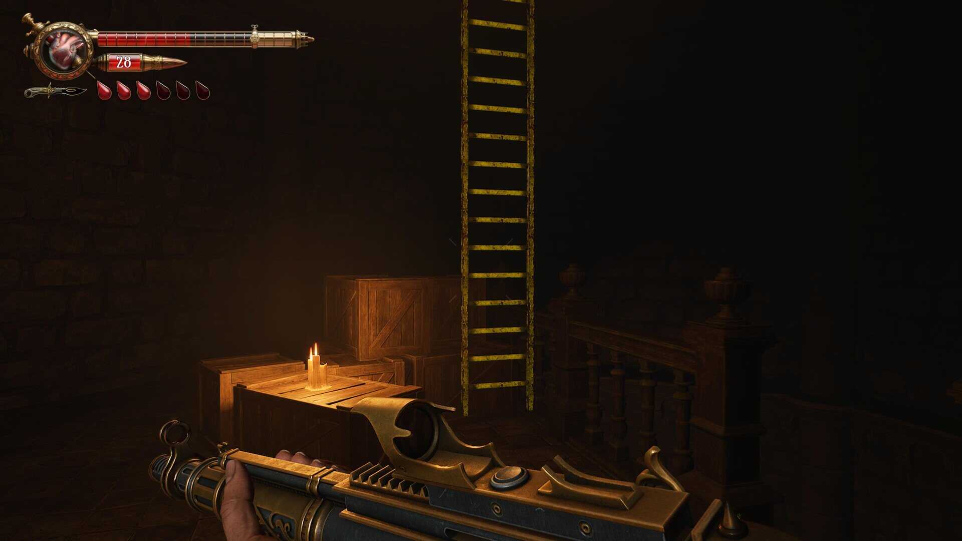 A screenshot of a ladder covered in yellow paint in Crisol: Theater of Idols