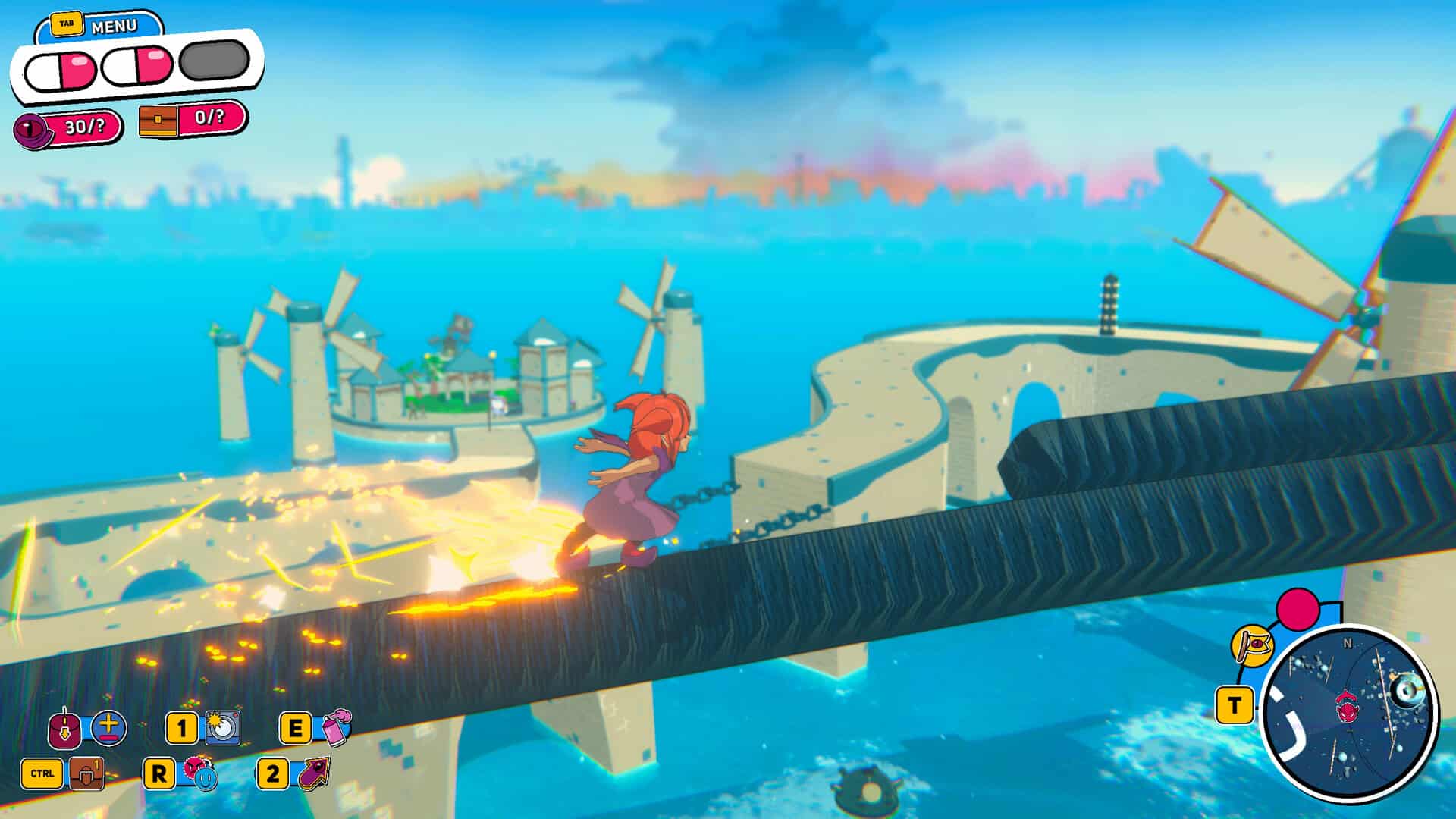 The character Beebz grinding on rails with islands an ocean in the distance