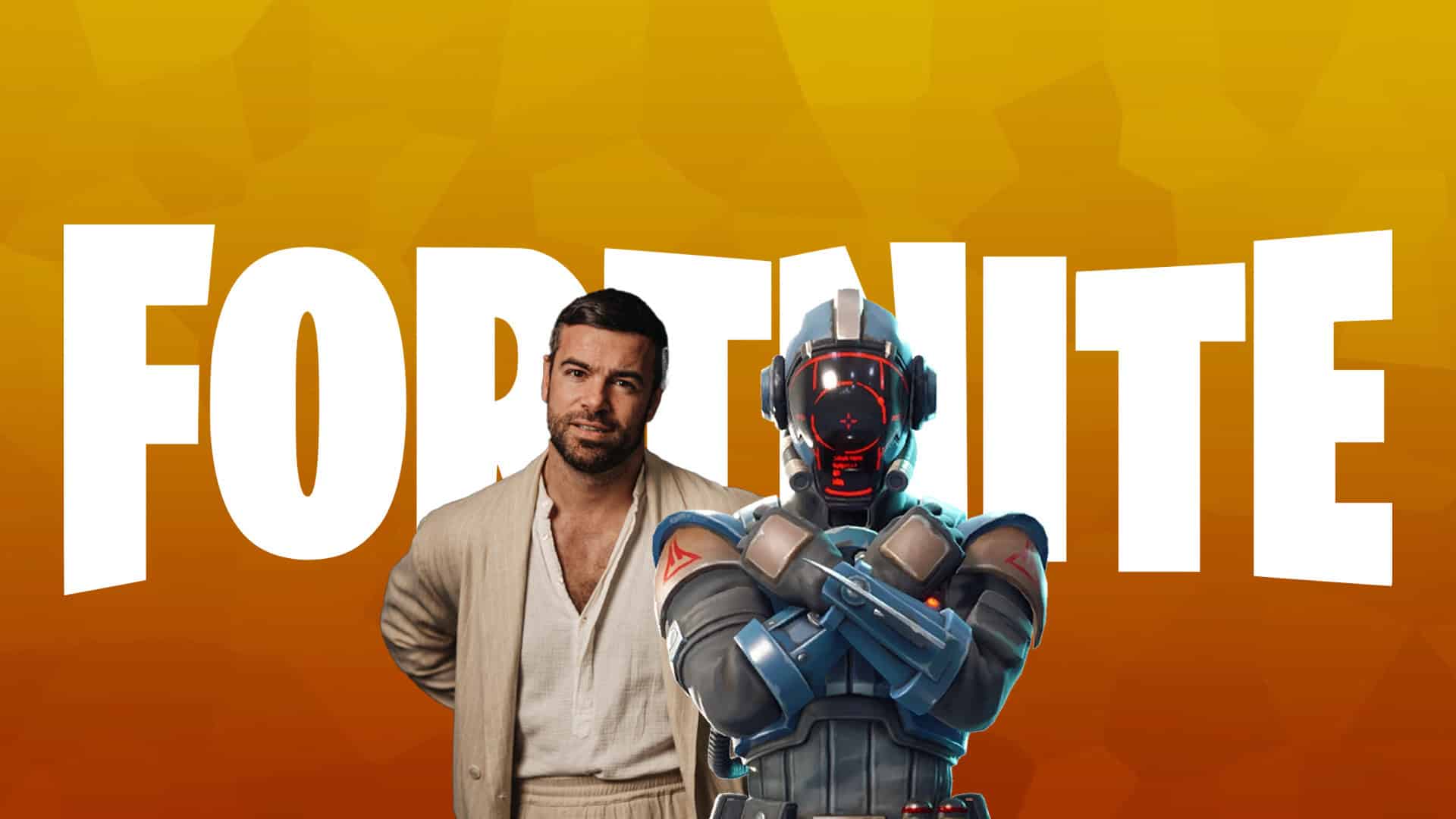 Fortnite backdrop with Ben Starr stood side by side with The Visitor