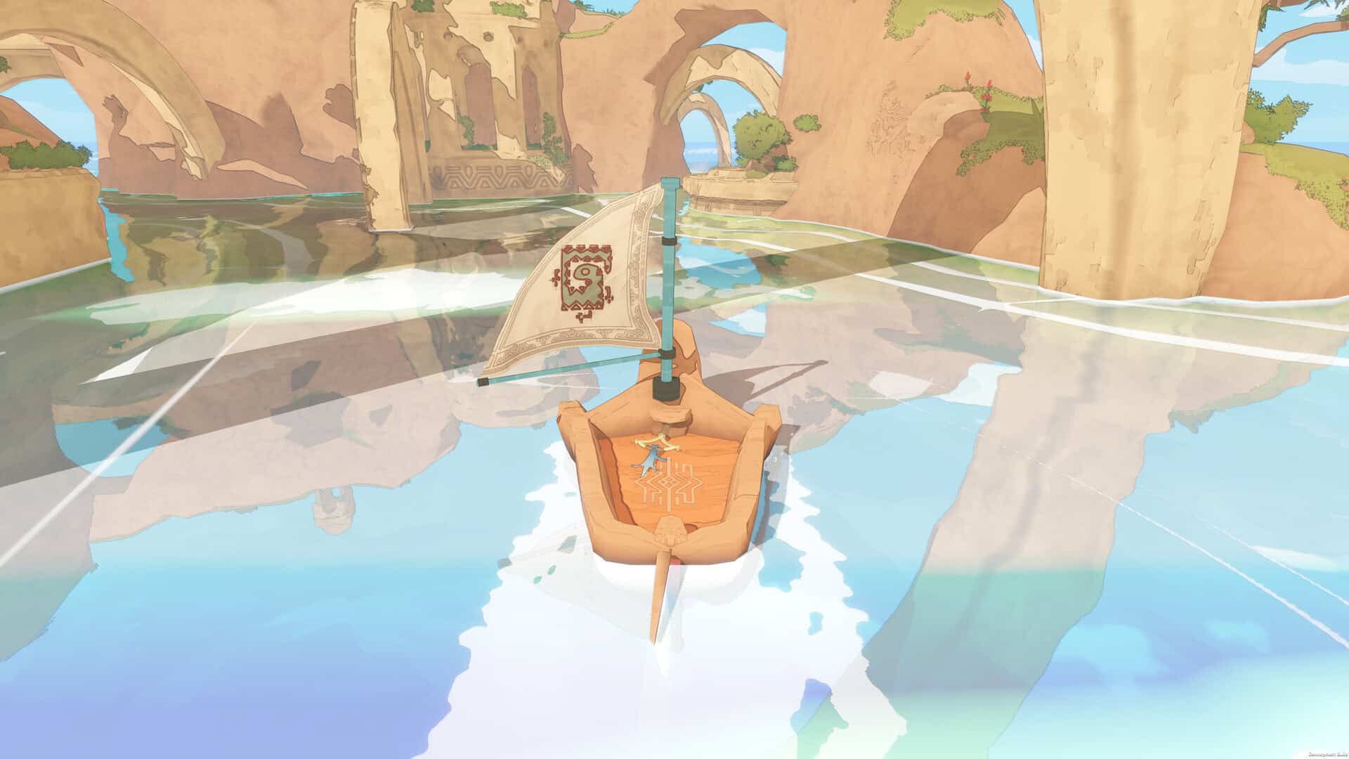 A little blue lizard riding a boat between ruins