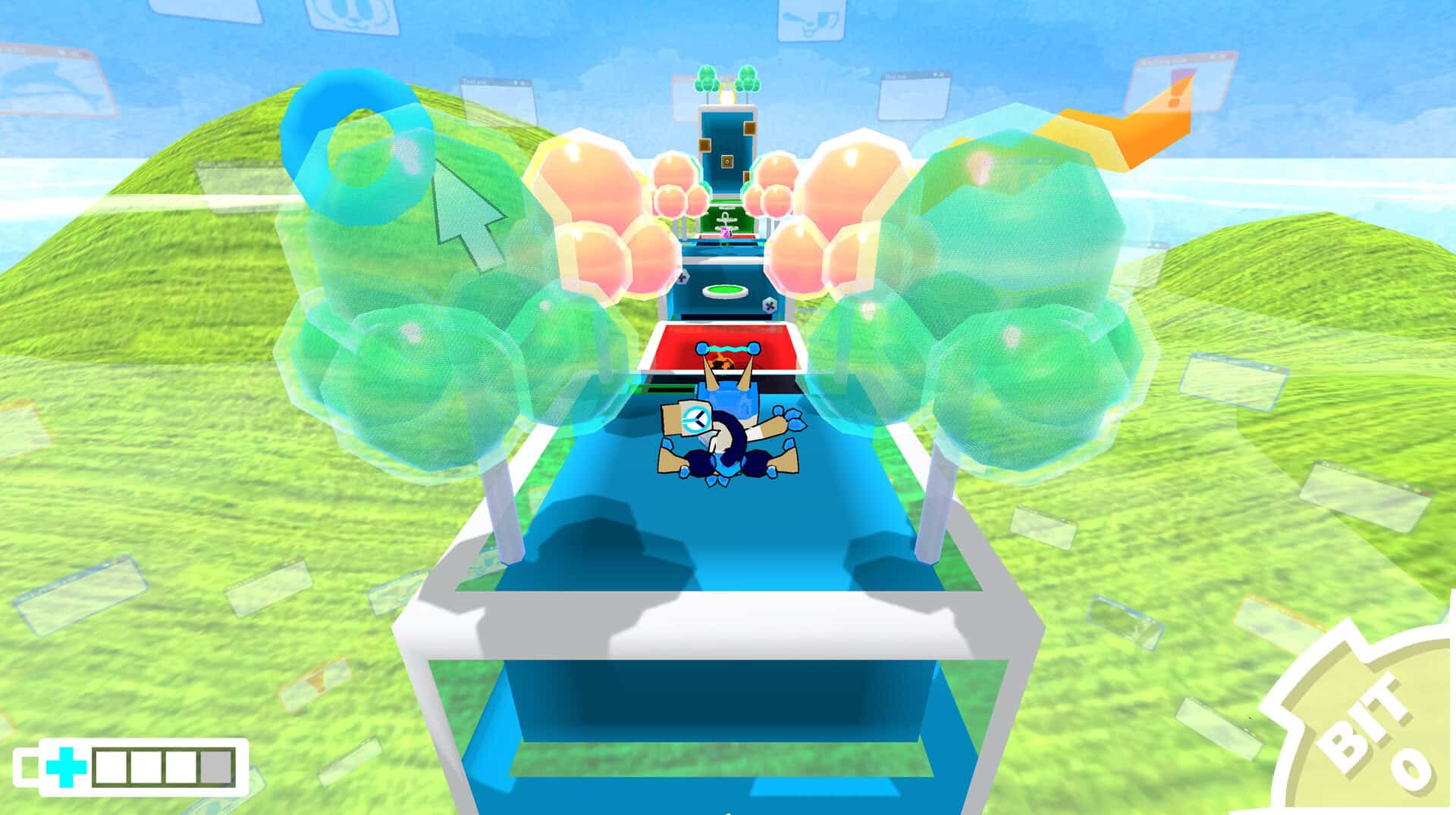 The character Kila jumping and hitting a silly pose mid-jump over vibrant visuals with bubbly trees and a mouse cursor floating behind