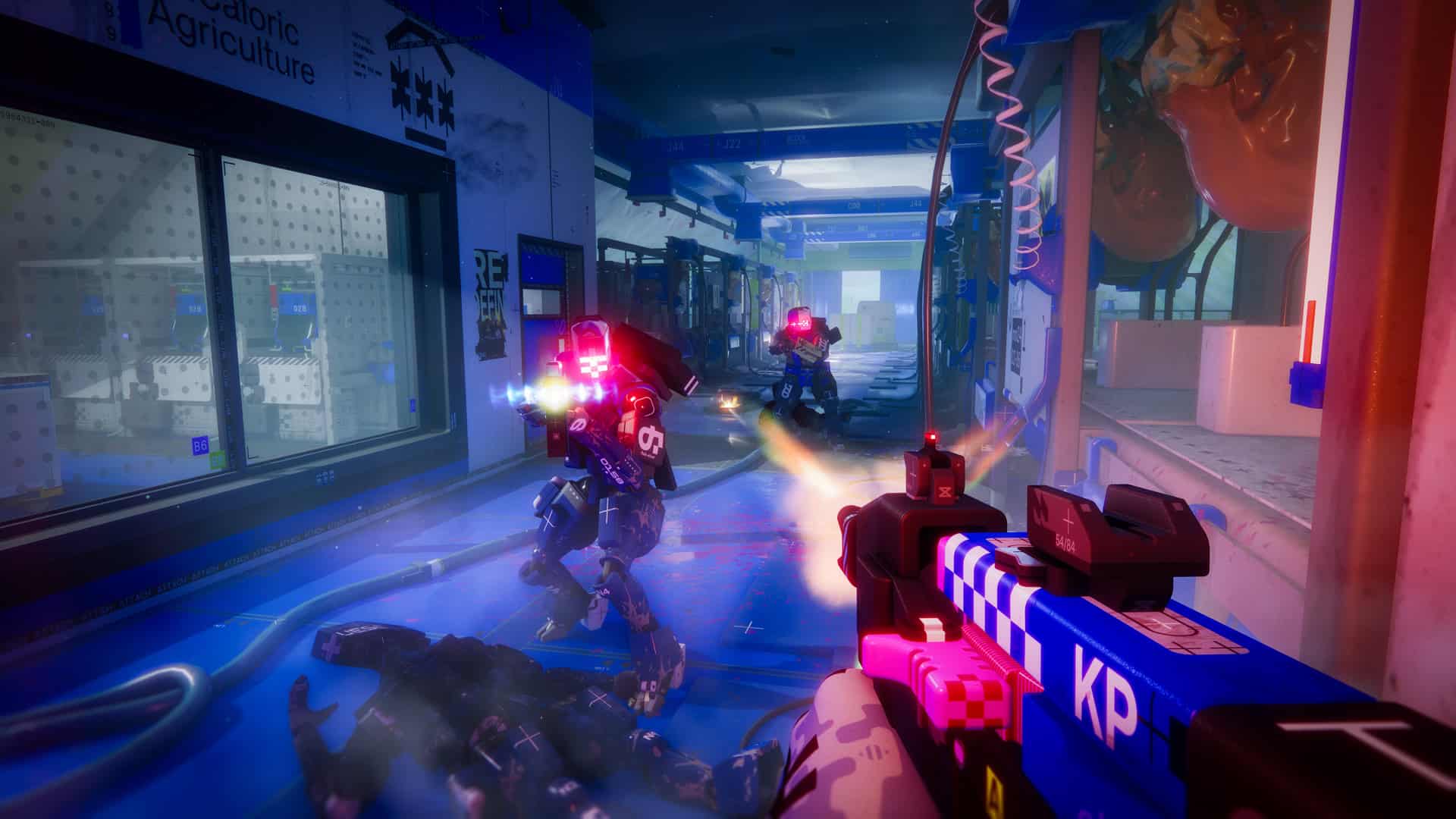 Marathon screenshot showing the player shooting at another runner in a dimly lit blue and white hallway