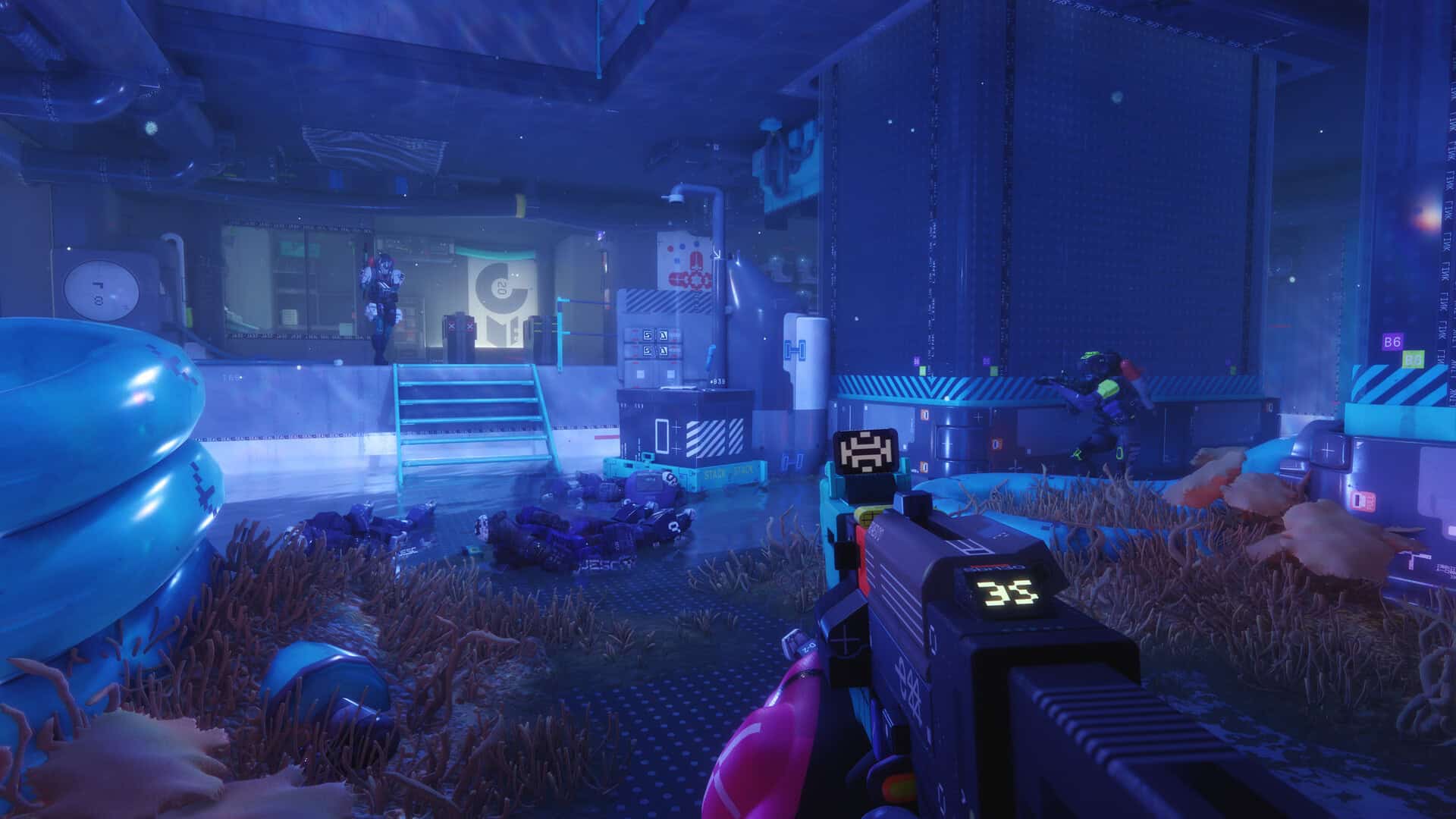 A Marathon screenshot showing the player approach the entrance of a building