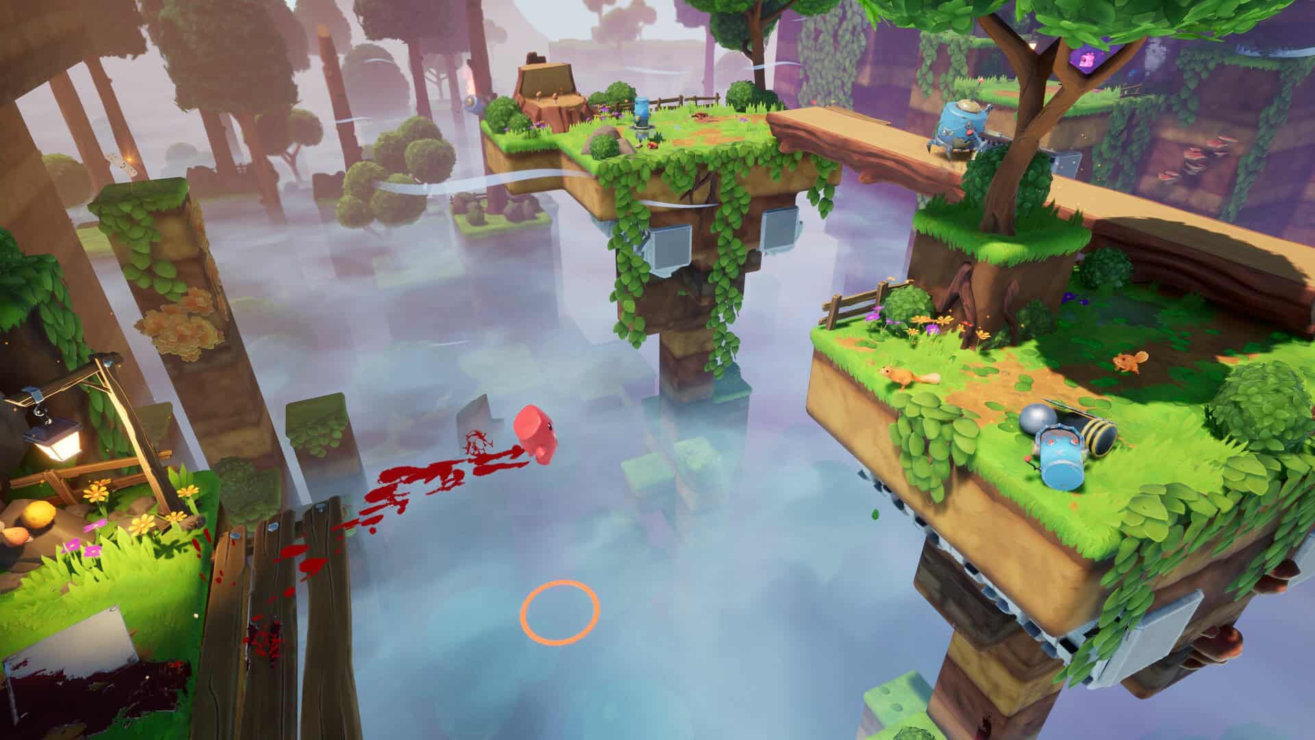 Meat Boy jumping over an obstacle in a forest