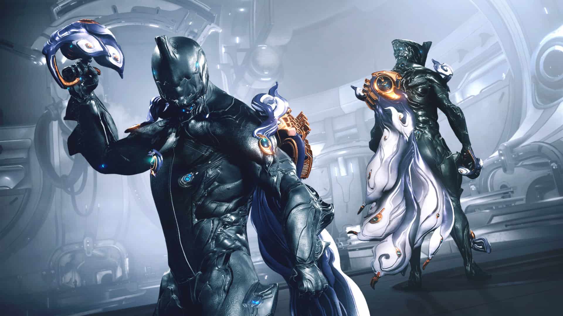 Warframe characters stood in a dark sci-fi room