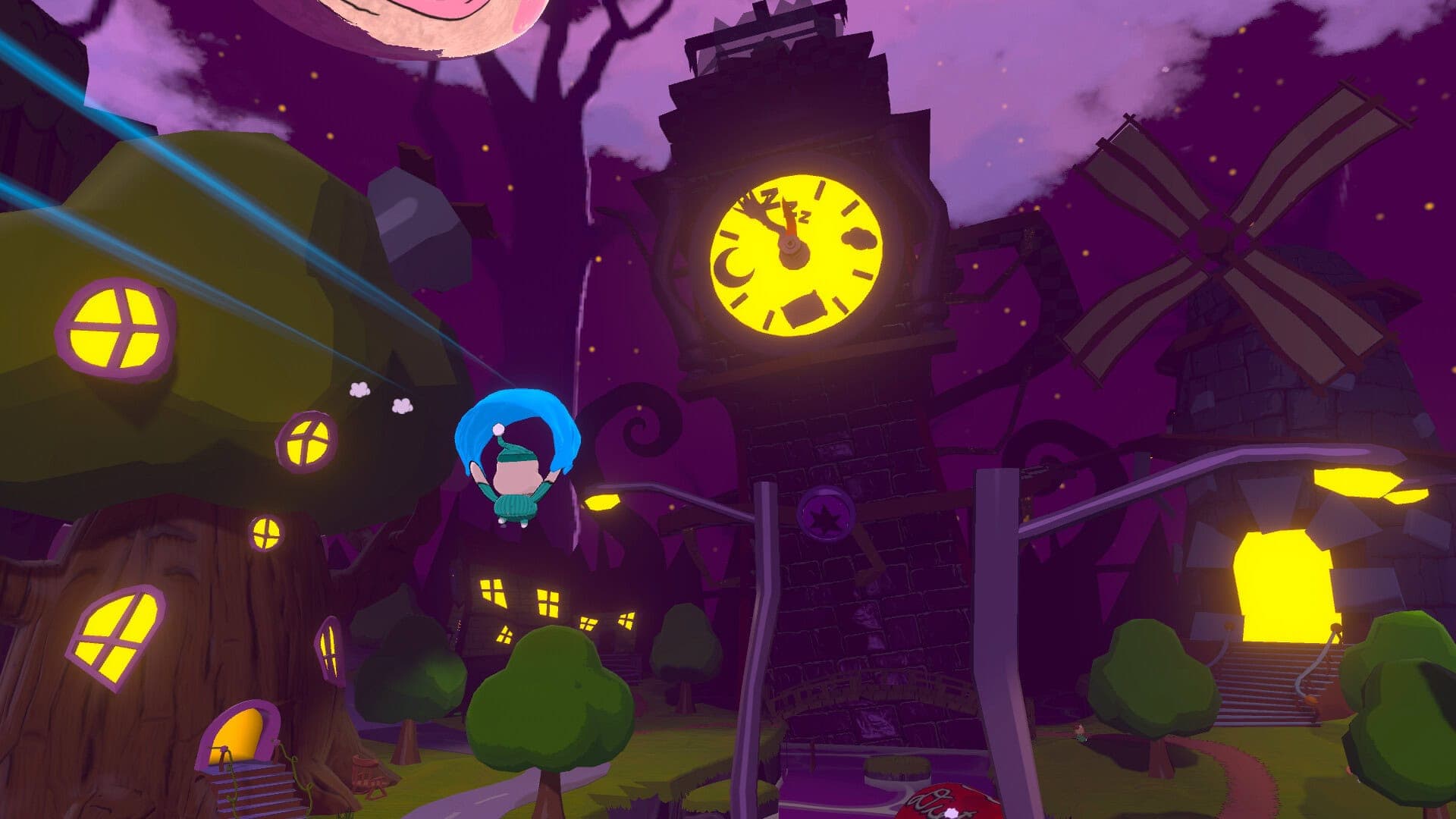 The titular Mr Sleepy Man gliding towards a menacing clock tower