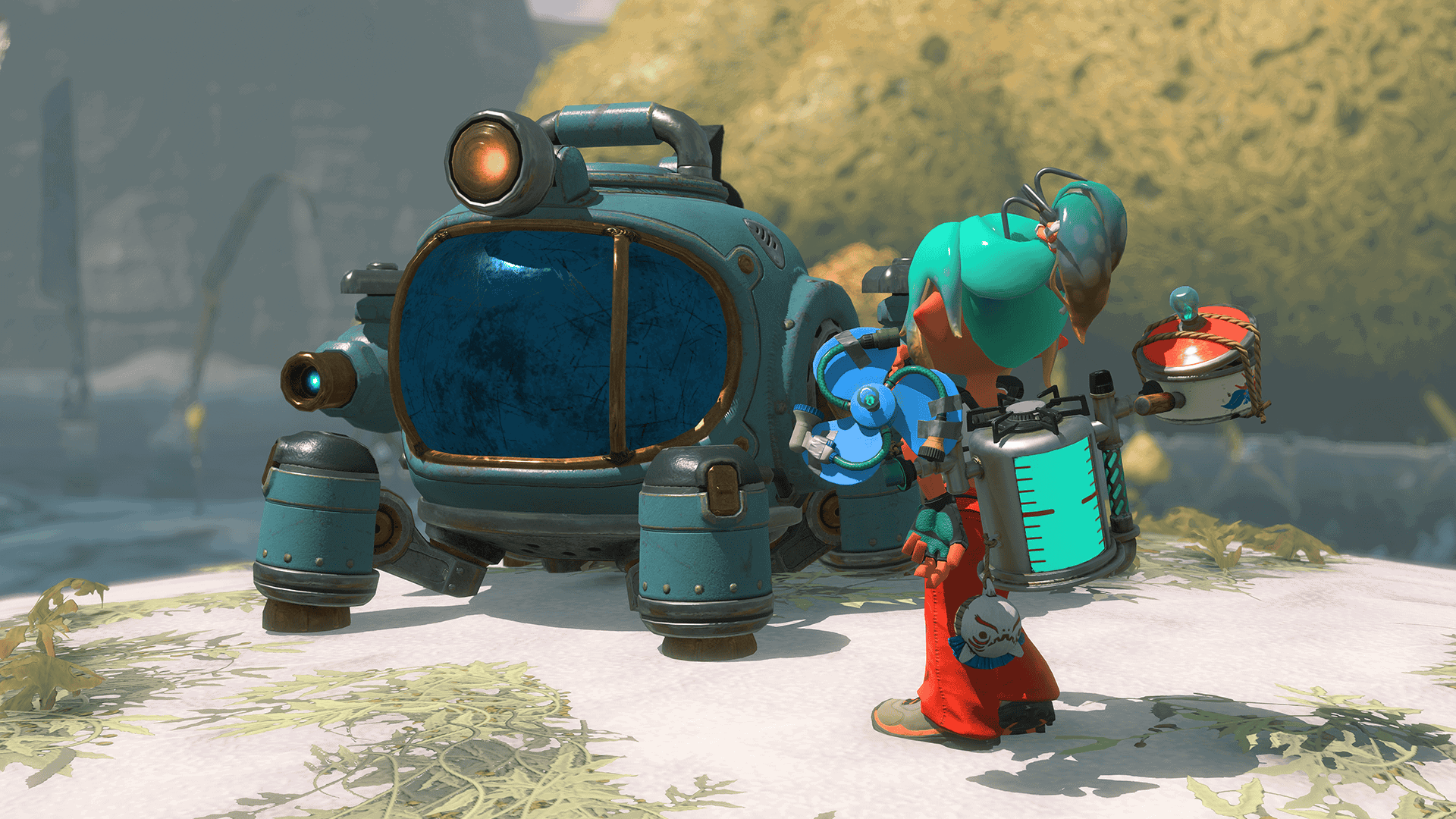 Splatoon Raiders screenshot showing the mechanic protagonist in front of a deep-sea exploration machine.