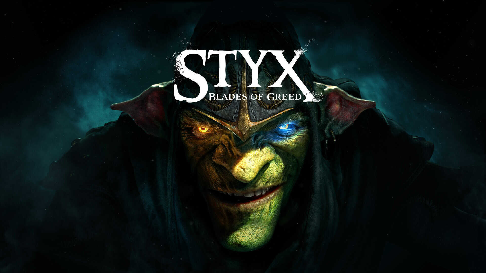 Styx: Blades of Greed logo featuring the goblin with an orange right eye and blue left eye staring at the camera