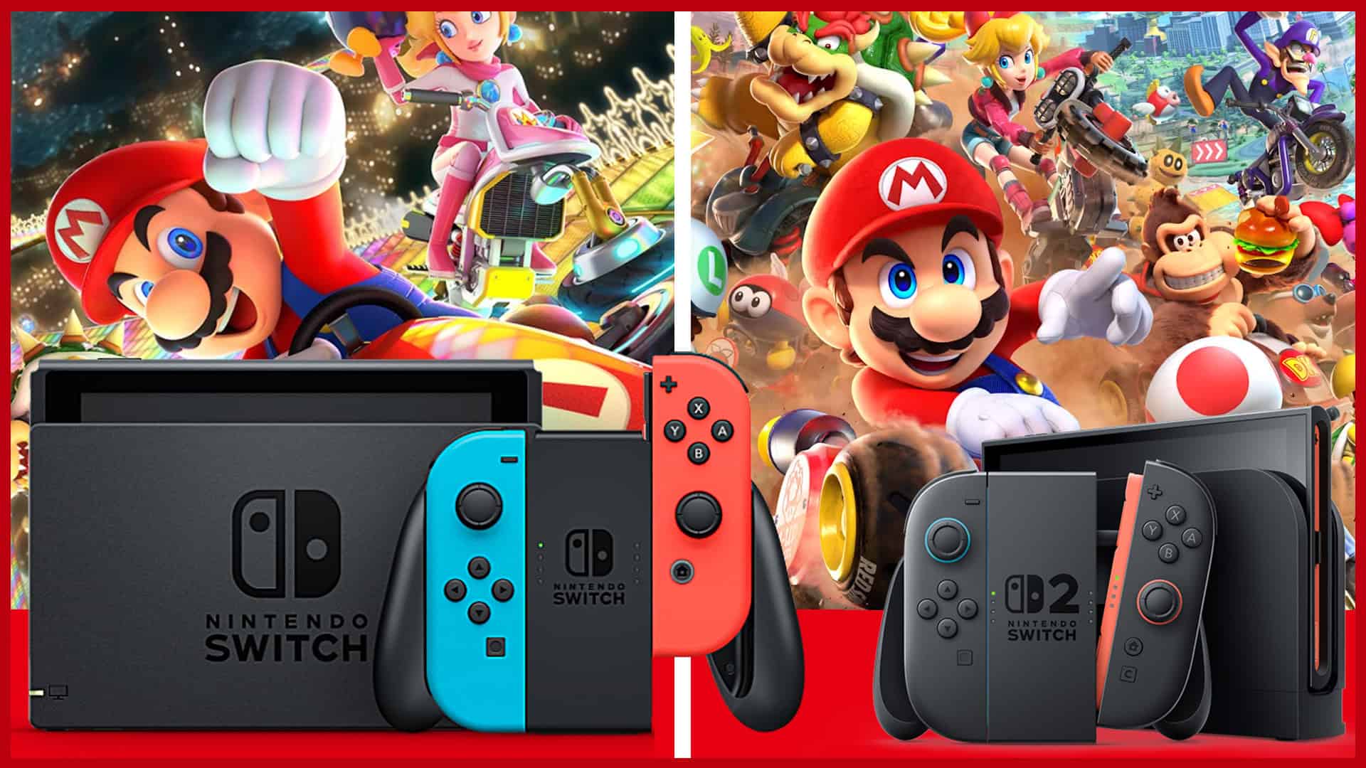 Switch with Mario Kart 8 Deluxe key art next to a Switch 2 with Mario Kart World key art