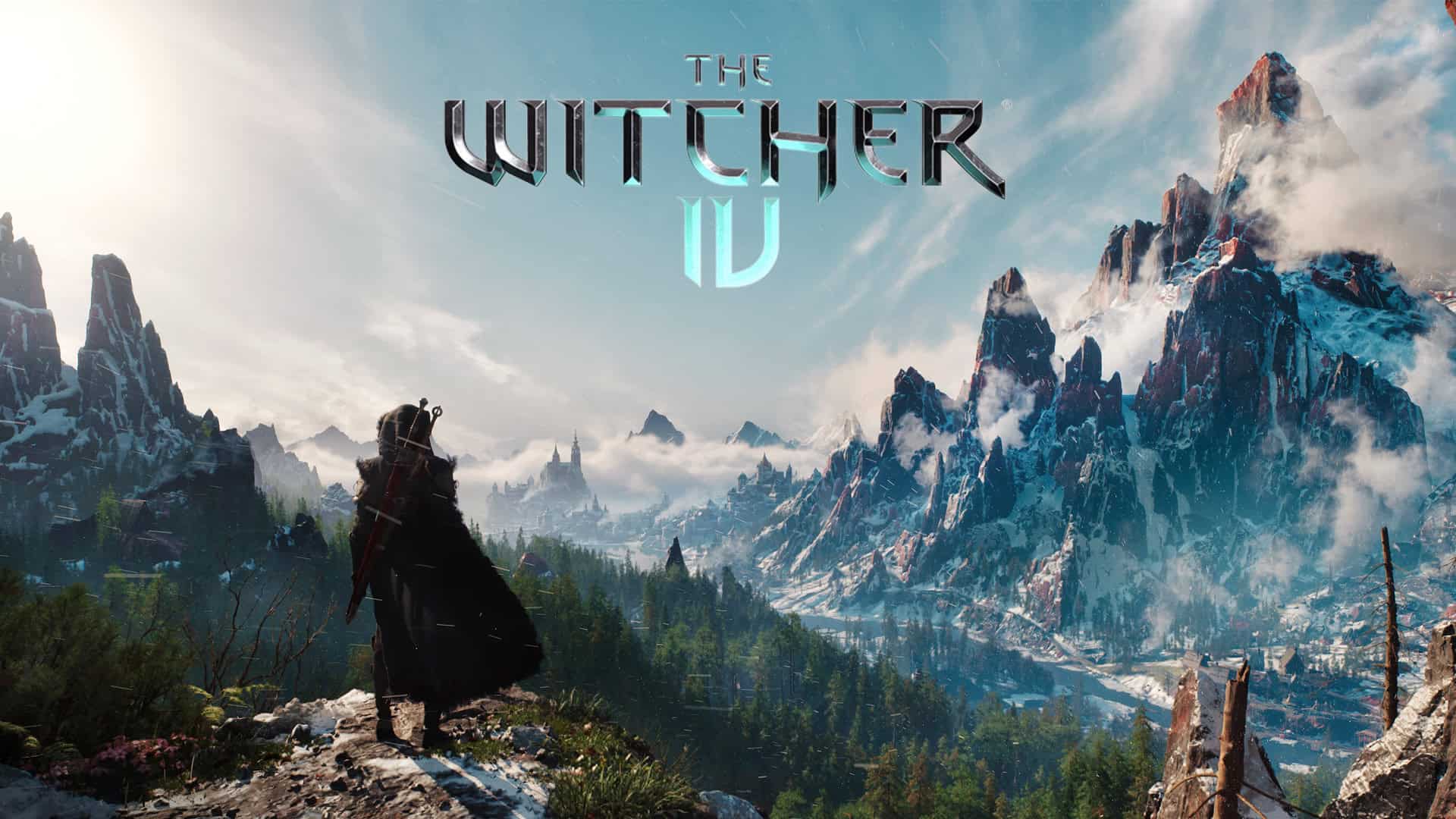 The Witcher 4 tech demo screenshot of a robed Ciri looking out into the mountains with the game logo in the top centre.
