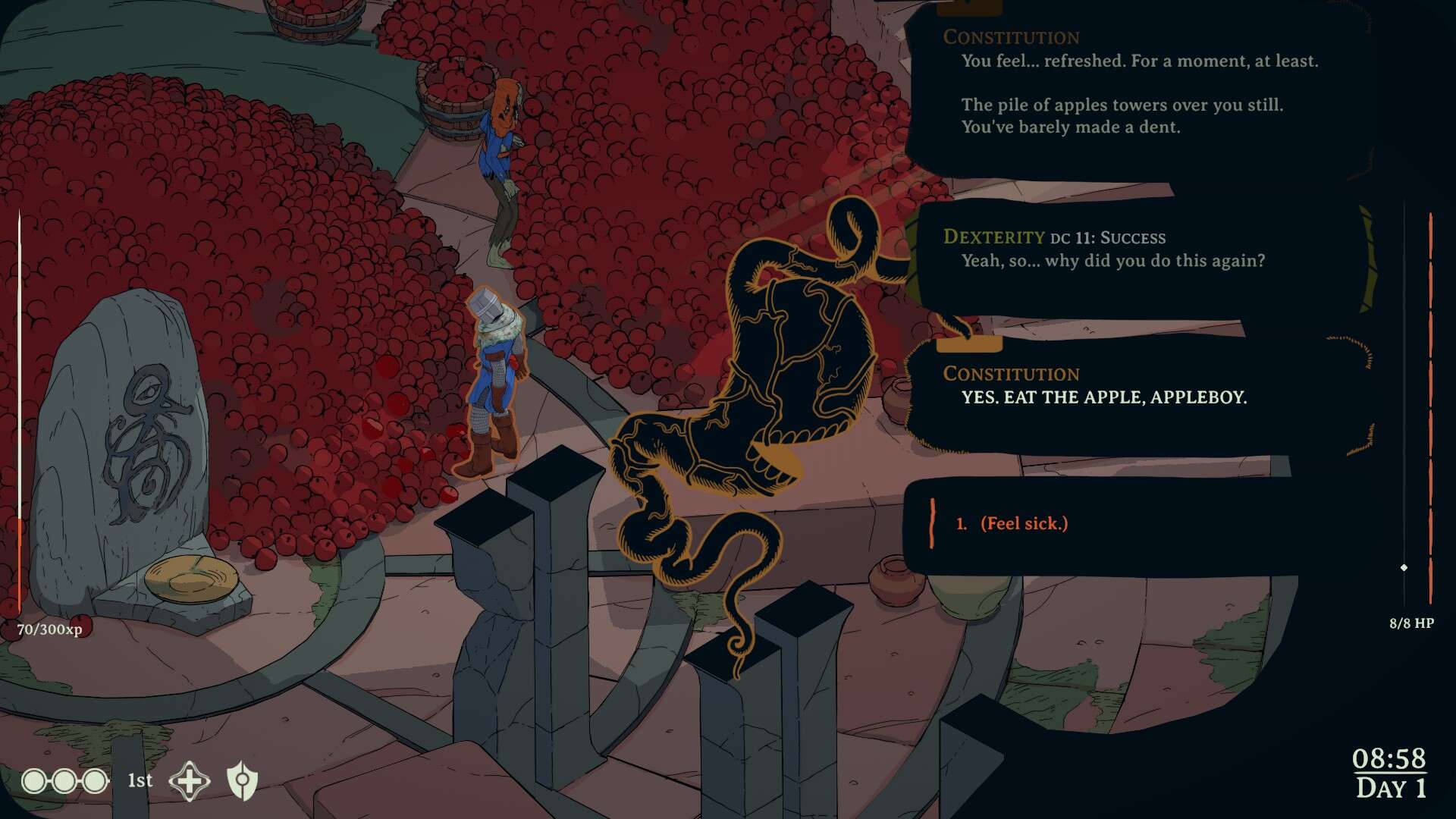 Constitution saying "Yes! Eat the apples appleboy!" to the cleric standing in front of a giant wall of apples