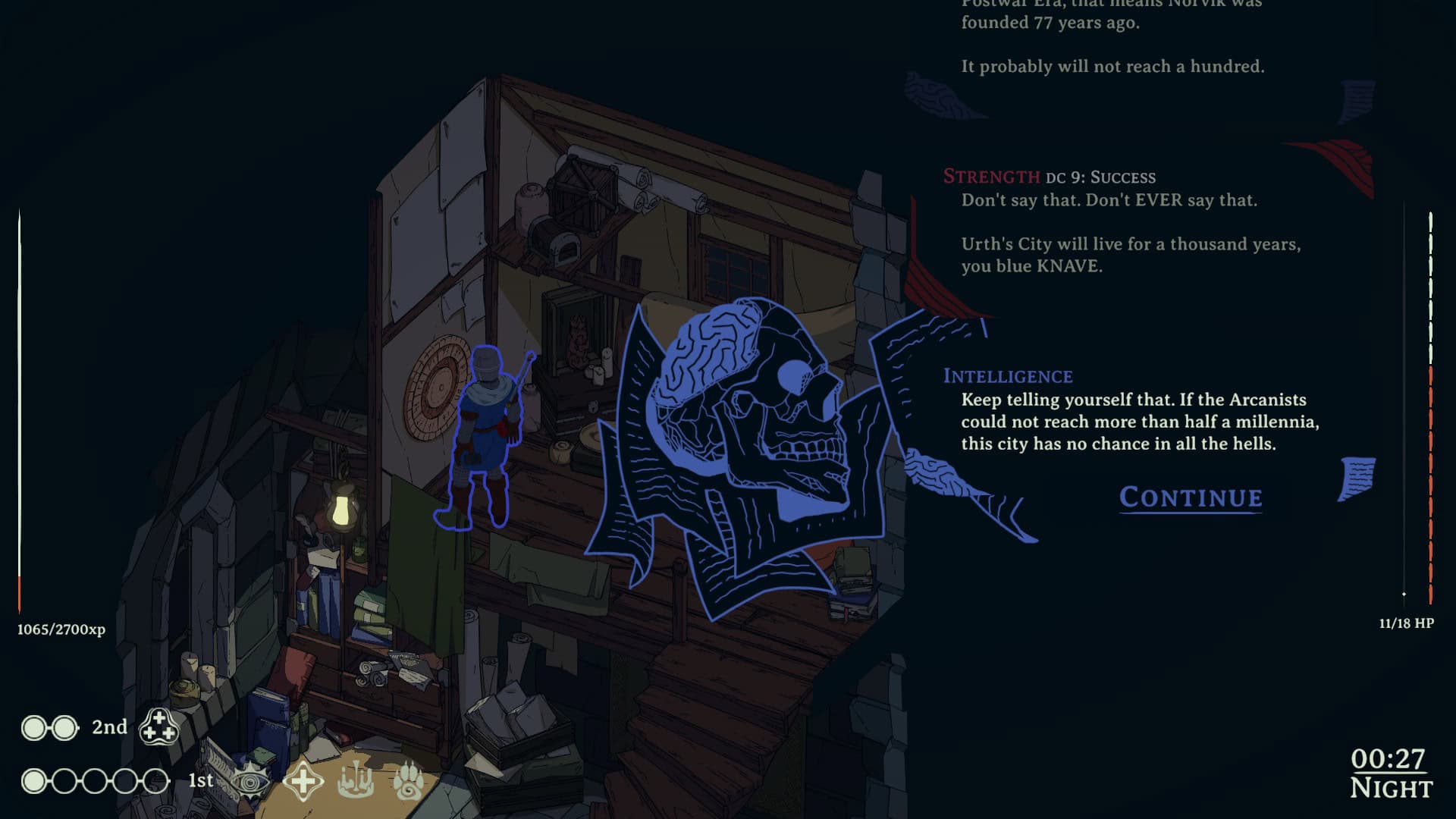 Two stats, strength and intelligence, arguing about whether a kingdom will survive while The Cleric looks at a calendar