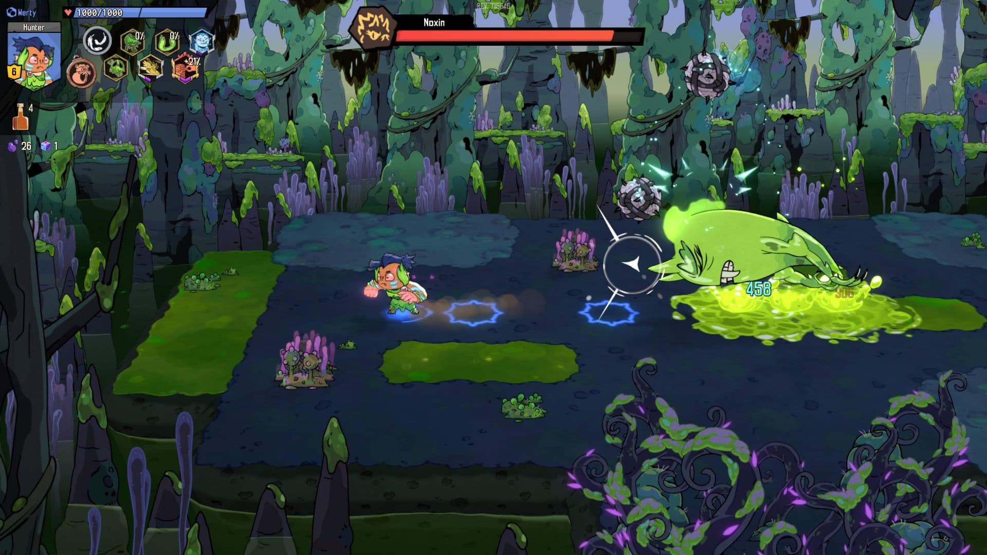 A greengoopy boss called Noxin with the Striker balls above his head