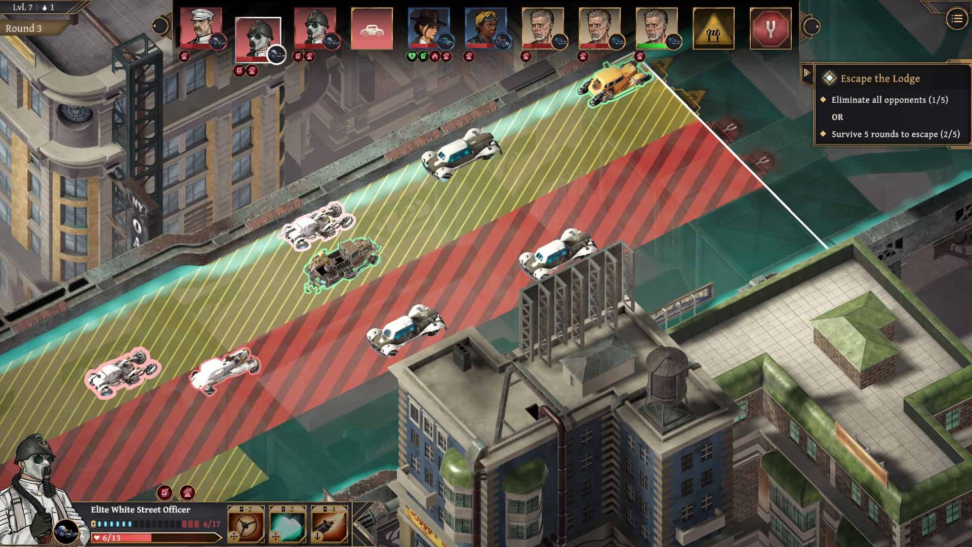 A combat screen with blue, striped yellow and striped red lanes, with cars on both red and yellow ones