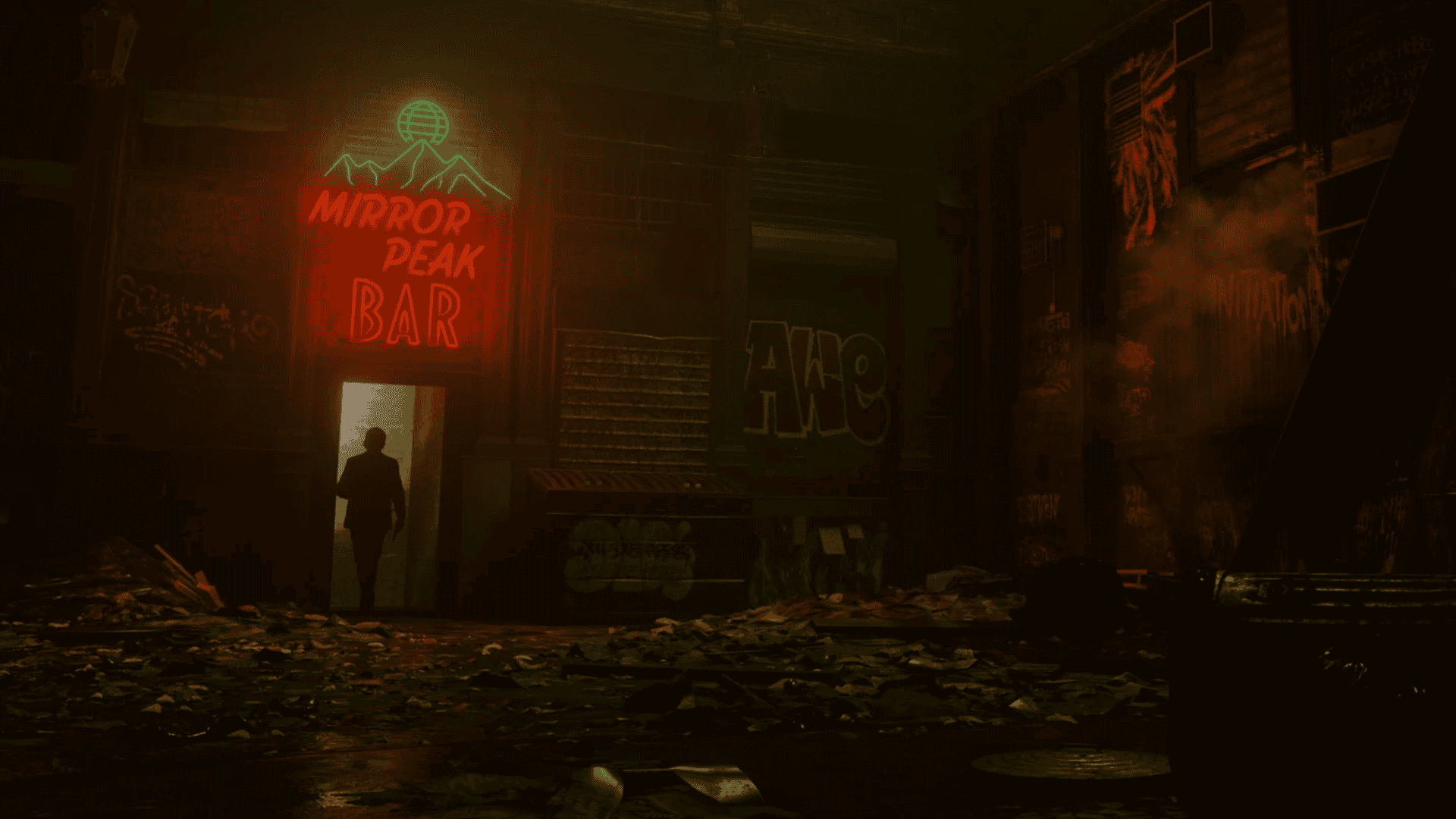 Alan Wake 2 stood in a doorway lit by a neon sign PS5 Pro screenshot