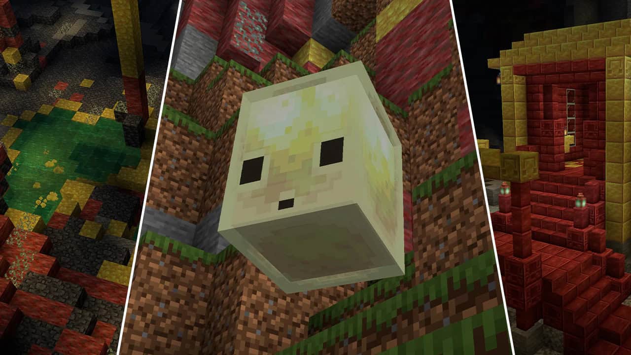 Picture of the new sulfur caves biome, the new mob, which is a yellow sulfur cube,  and some new sulfur block types