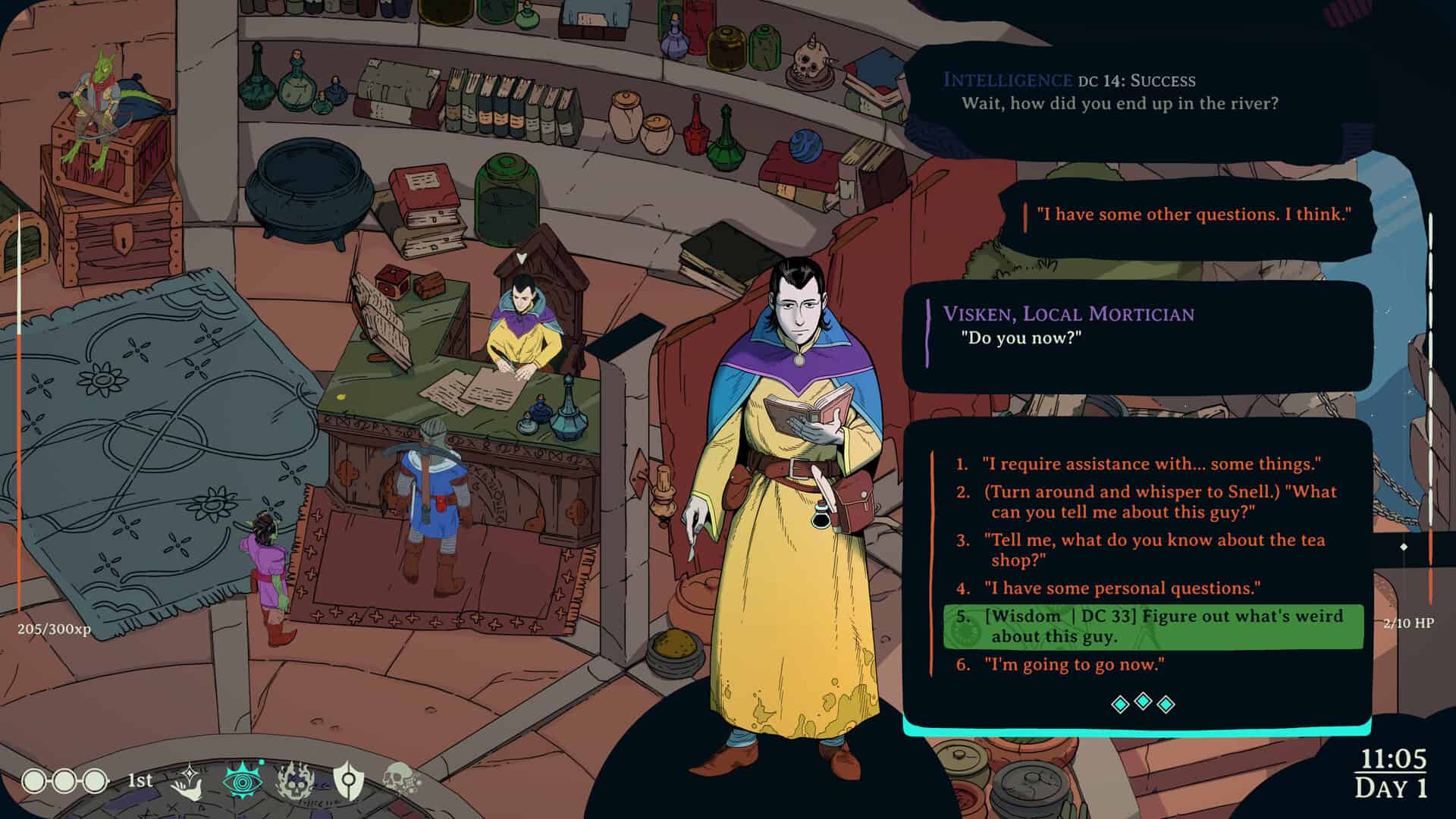 A mortician sits in his messy arcane office in dialogue with the player.