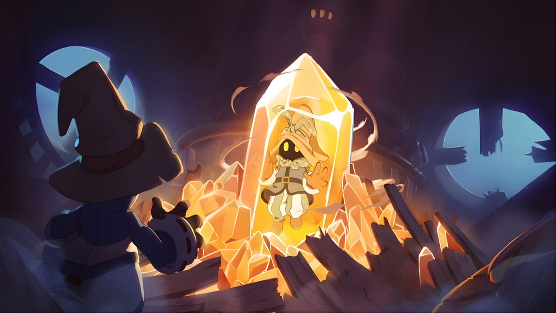 A black mage stuck inside an orange crystal, while another black mage stands in shock