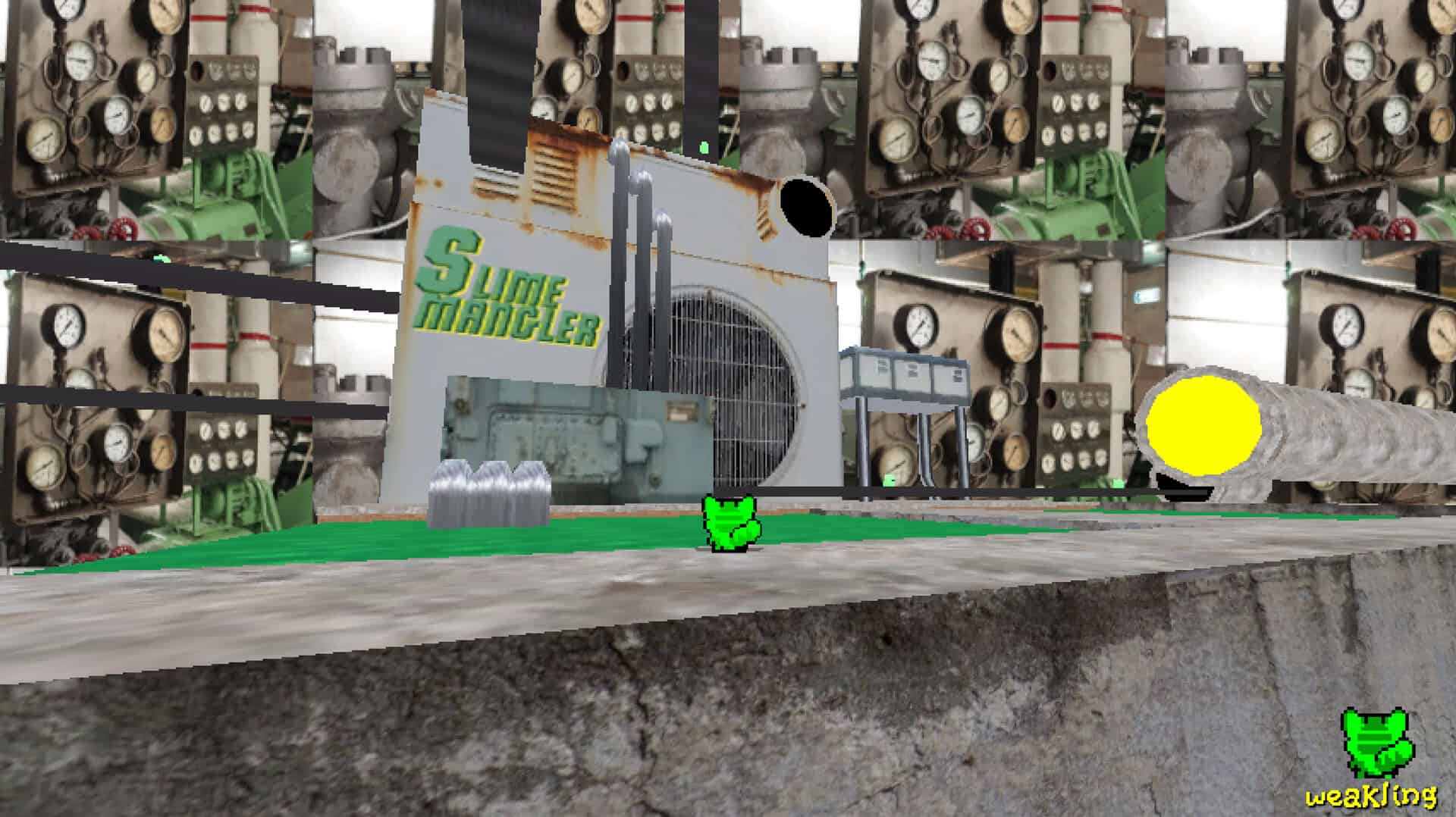 Retro graphics depicting a small green creature looking at an industrial building and train.