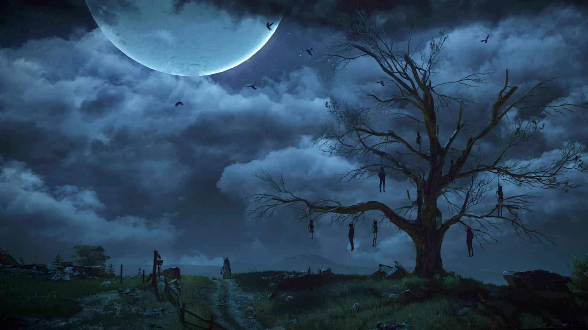An image of the tree at night, Geralt riding next to it