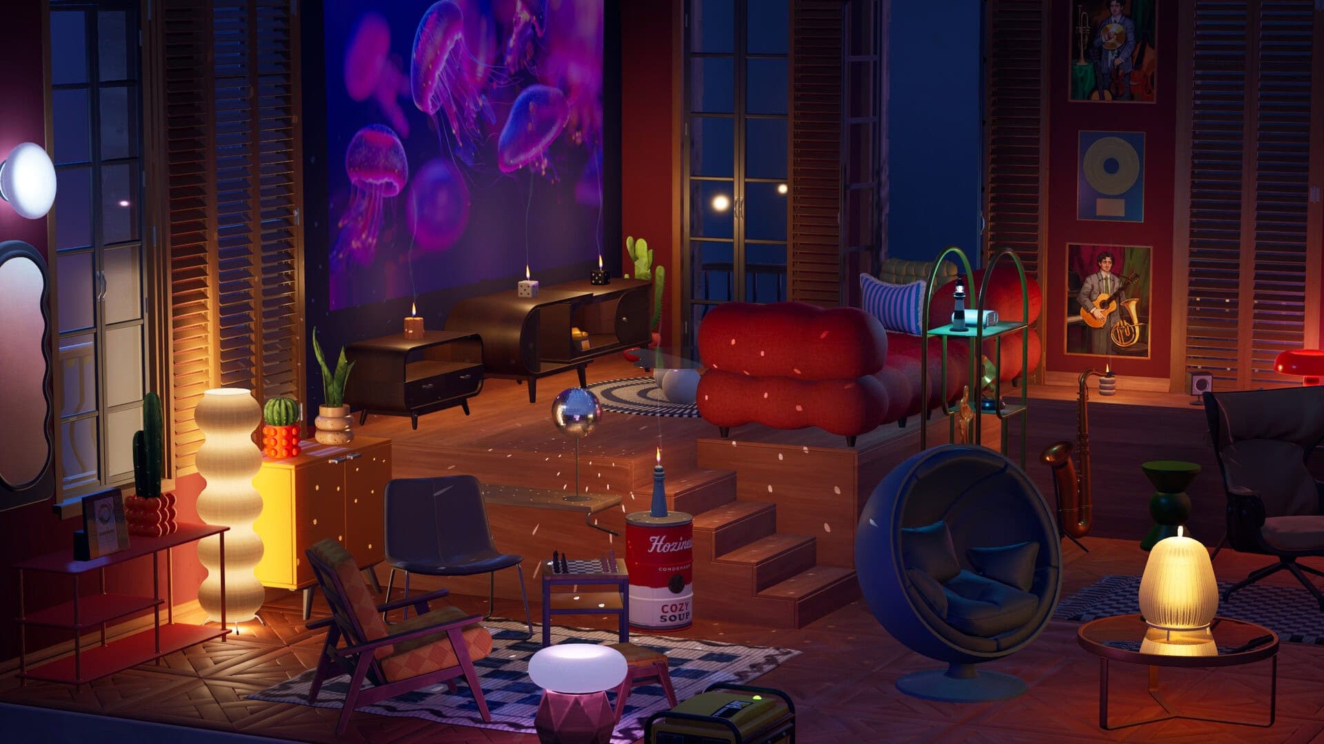A decorated room with lots of 90s style.