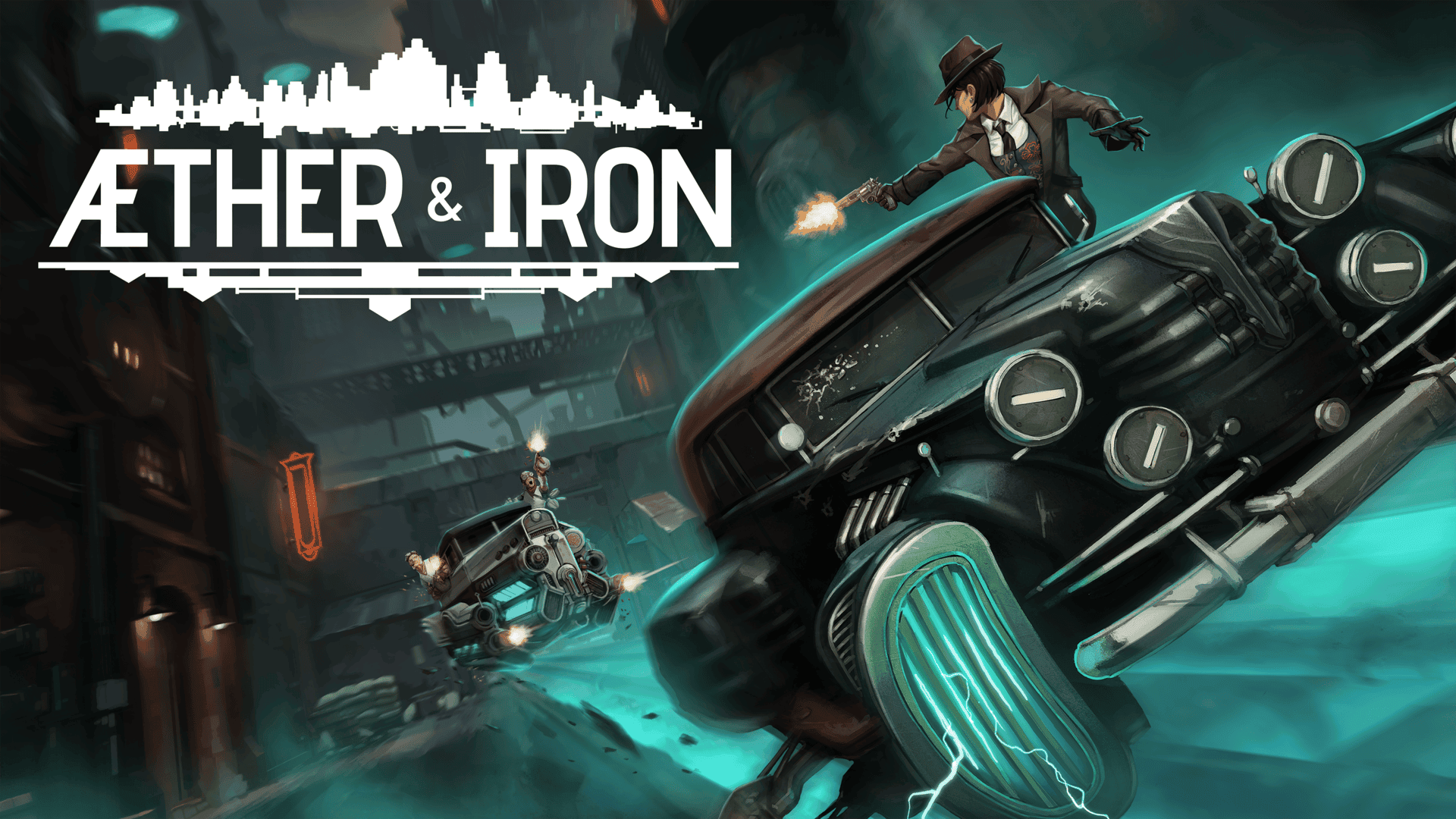 Key art and logo for Aether and Iron featuring Gia shooting from a car at a different car
